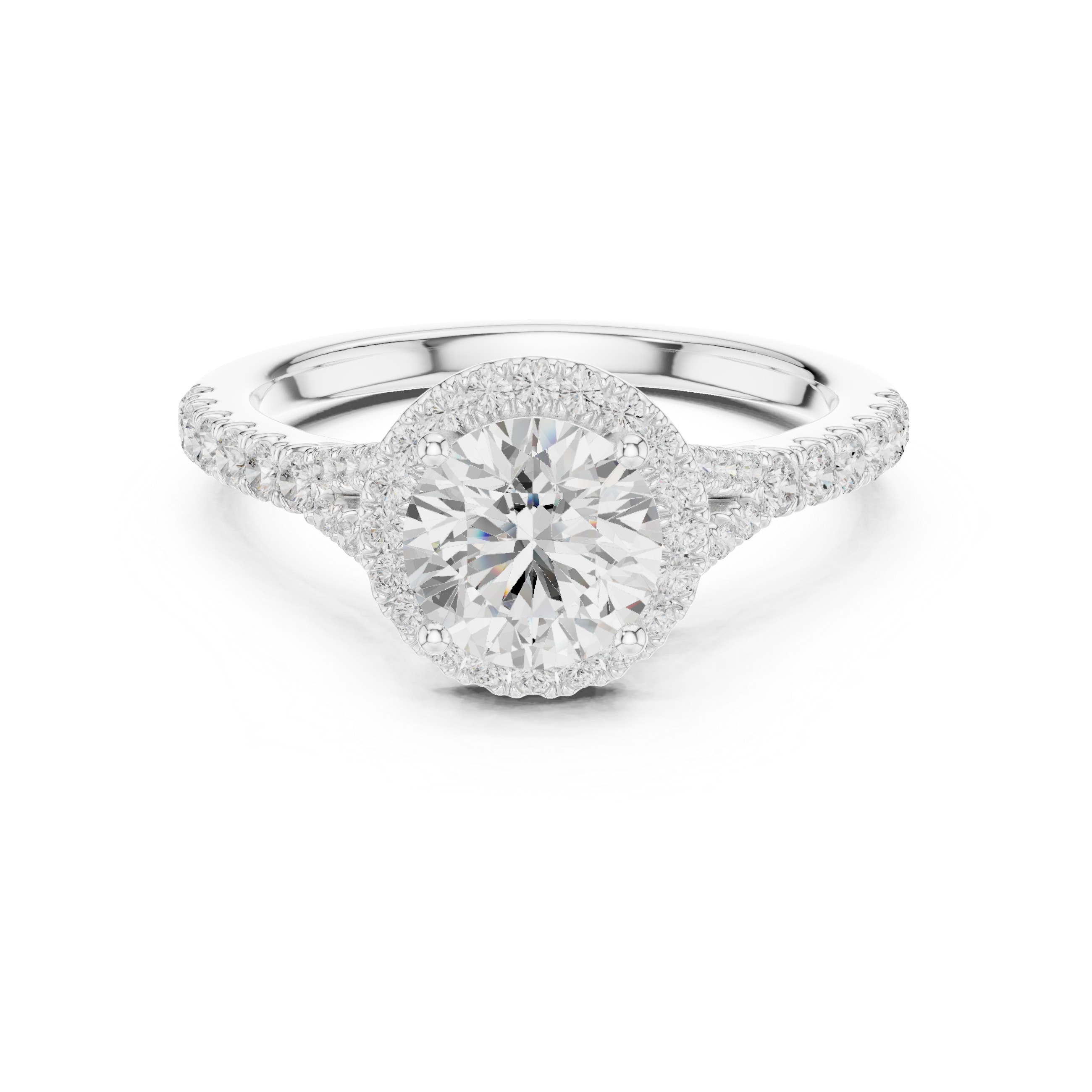 Round Cut Halo Diamond Ring – Pavé Band Timeless Brilliance