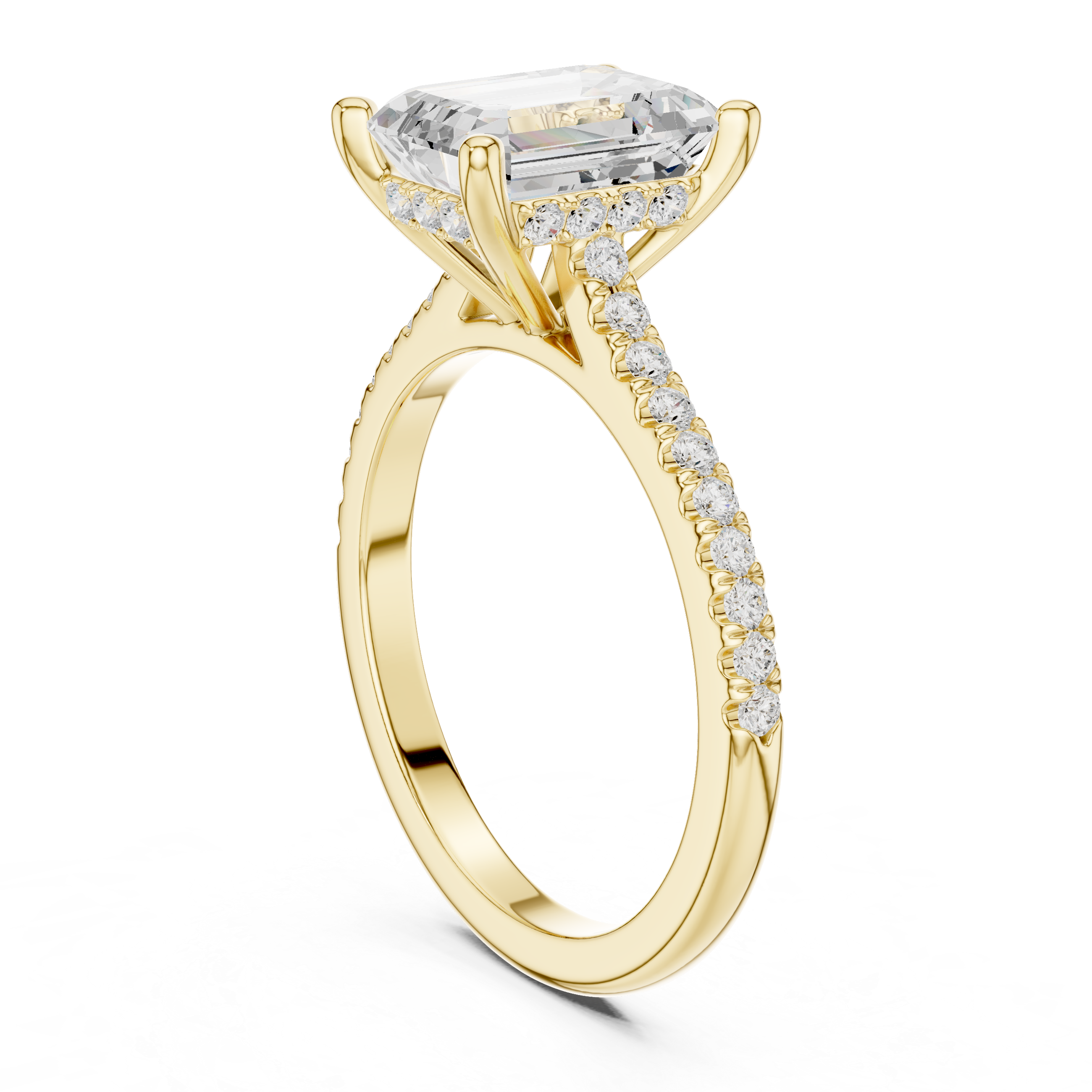 Emerald Cut Solitaire Engagement Ring with Pavé Diamond Cathedral Band