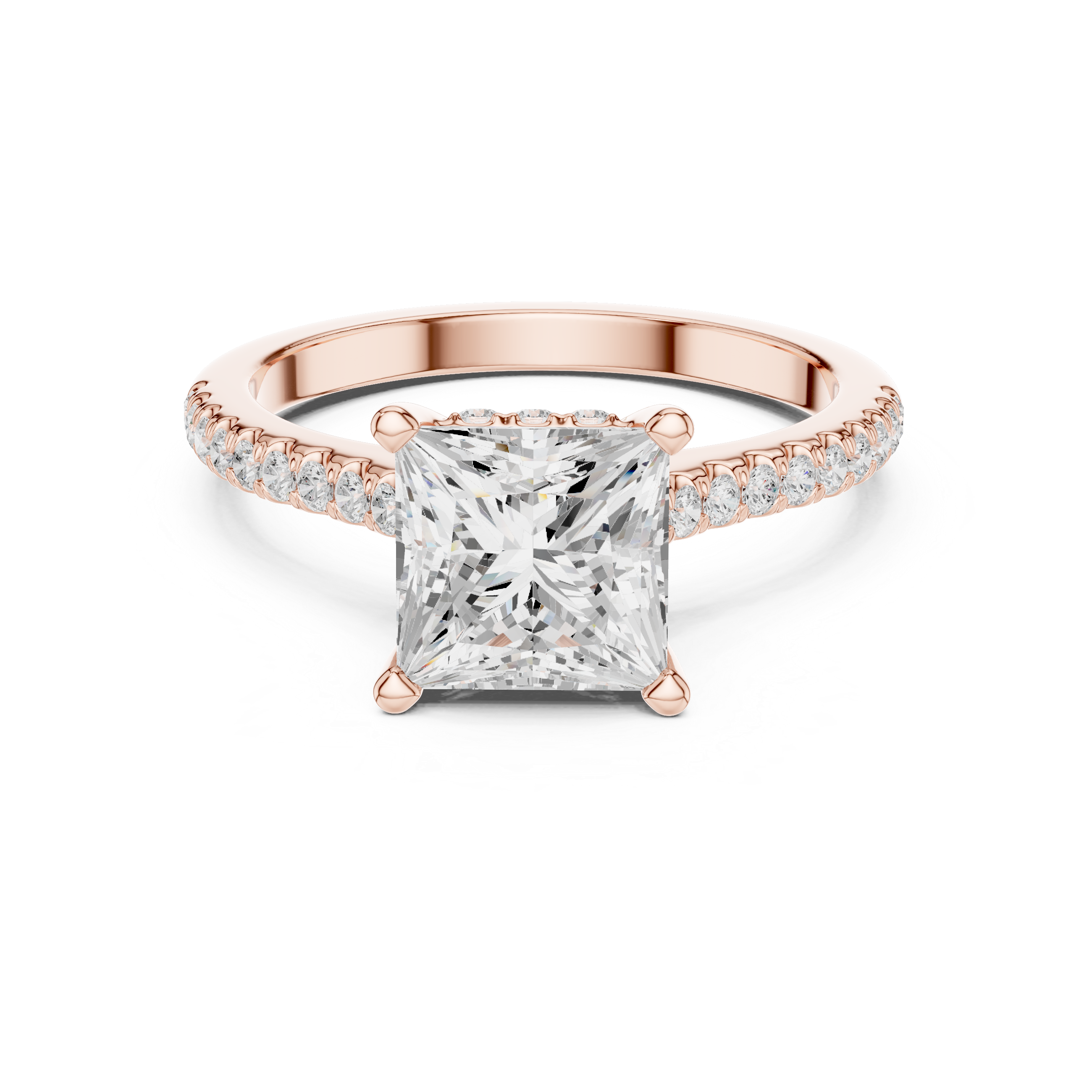 Princess Cut Solitaire Engagement Ring with Pavé Diamond Band and Hidden Halo