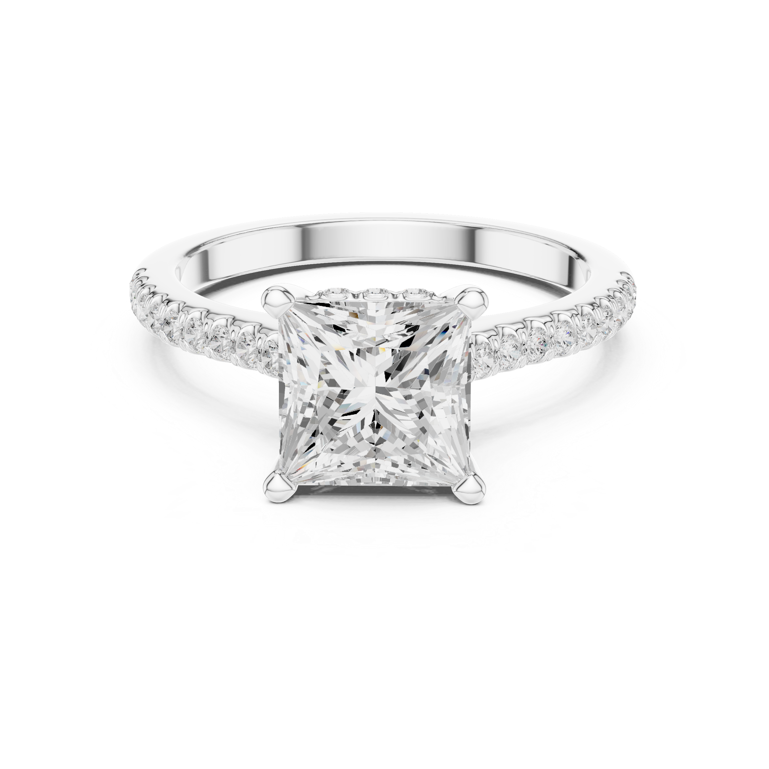 Princess Cut Solitaire Engagement Ring with Pavé Diamond Band and Hidden Halo