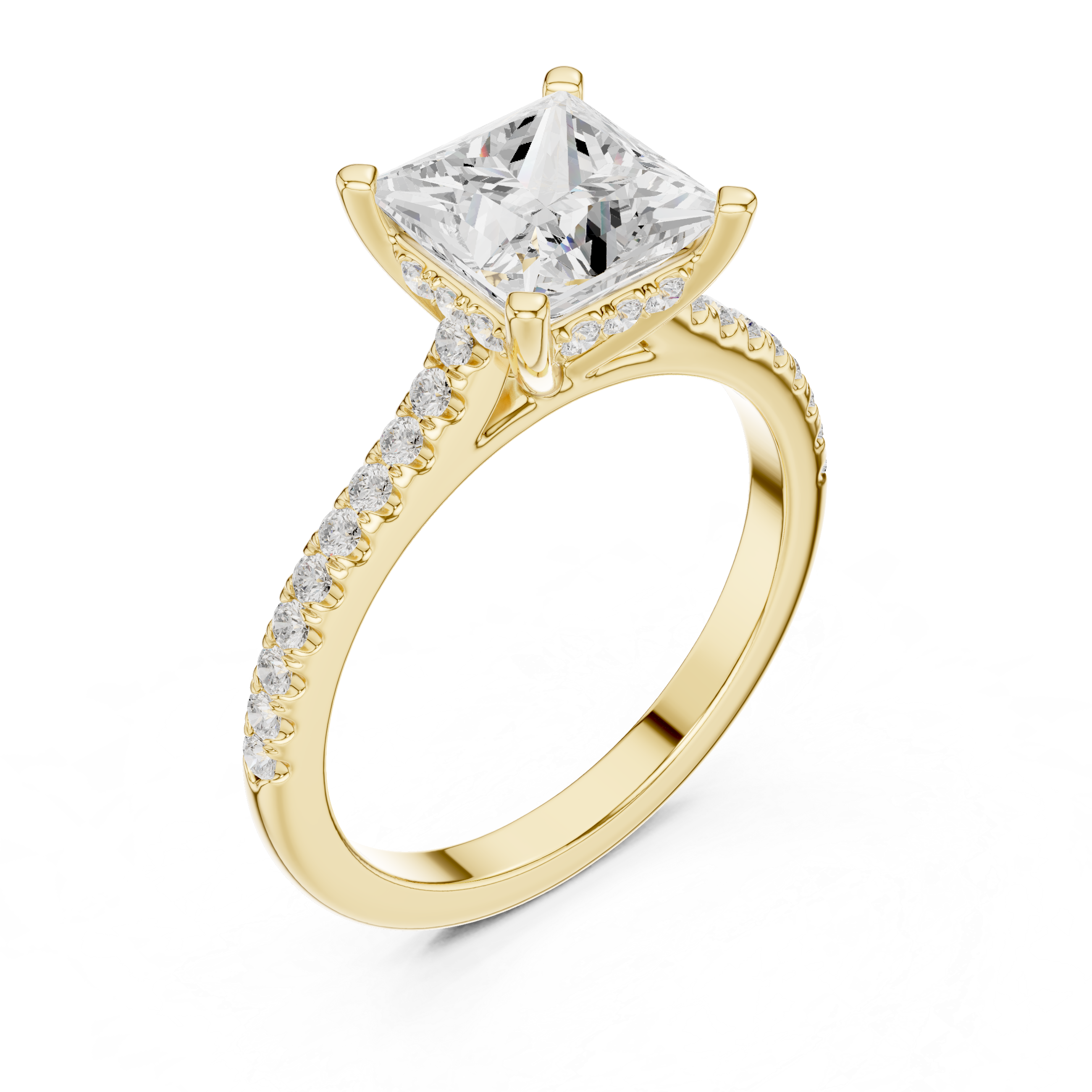 Princess Cut Solitaire Engagement Ring with Pavé Diamond Band and Hidden Halo
