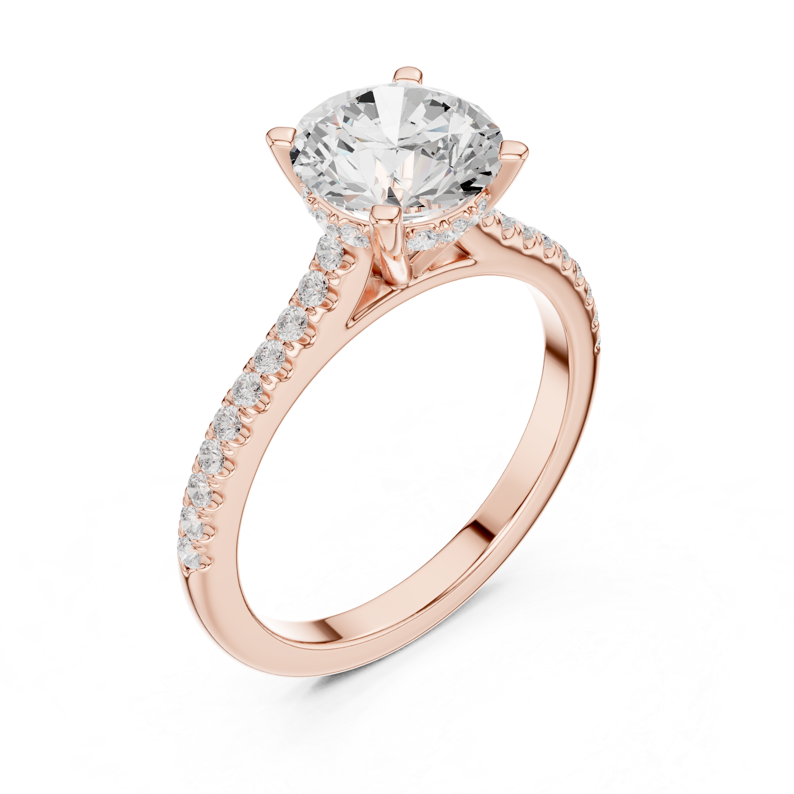 Classic Round Solitaire Engagement Ring with Pavé Diamond Band and Hidden Halo