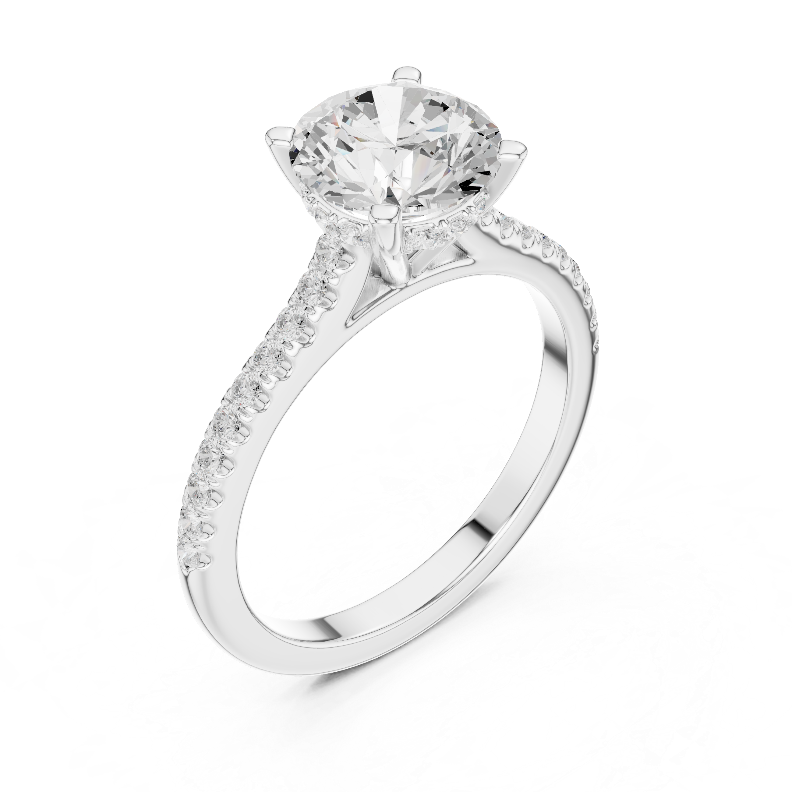 Classic Round Solitaire Engagement Ring with Pavé Diamond Band and Hidden Halo