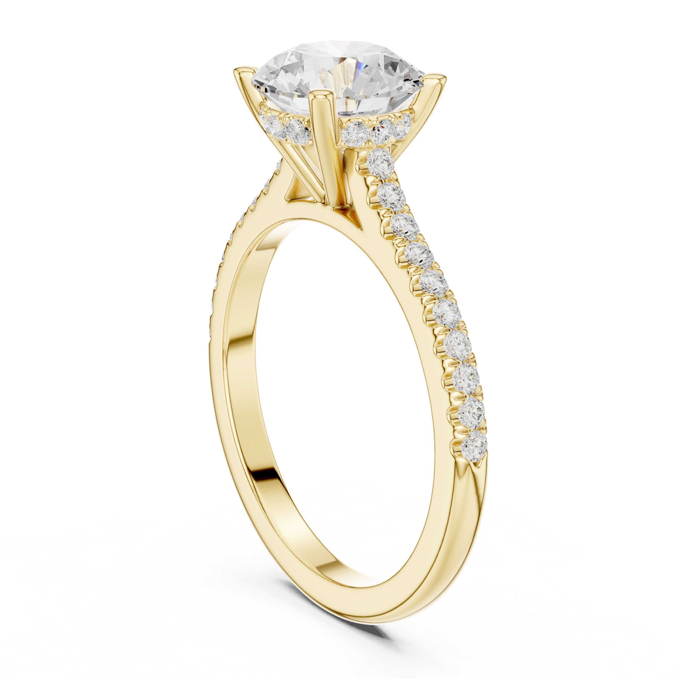 Classic Round Solitaire Engagement Ring with Pavé Diamond Band and Hidden Halo