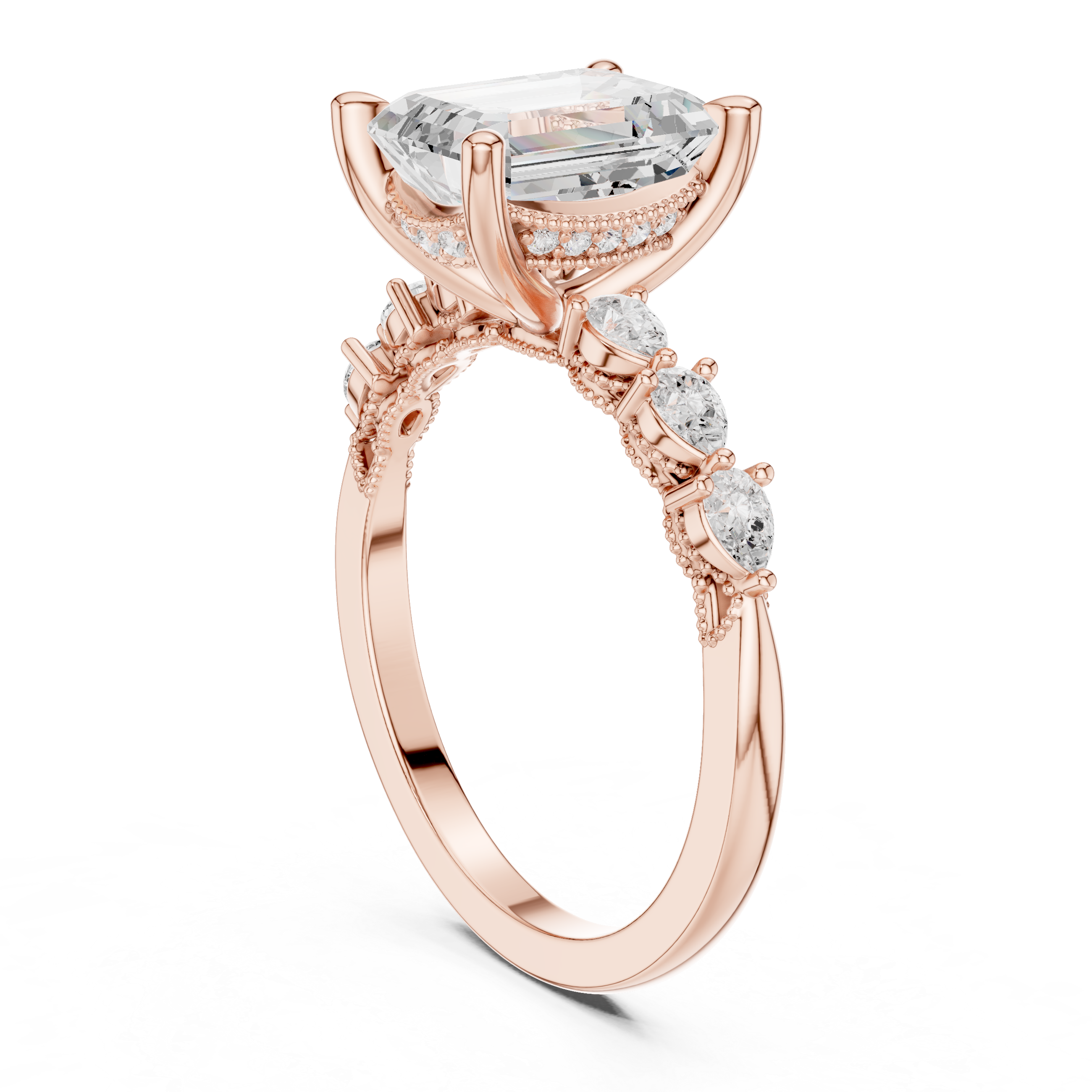 Emerald Cut Engagement Ring with Pear Diamond Side Accents and Hidden Halo