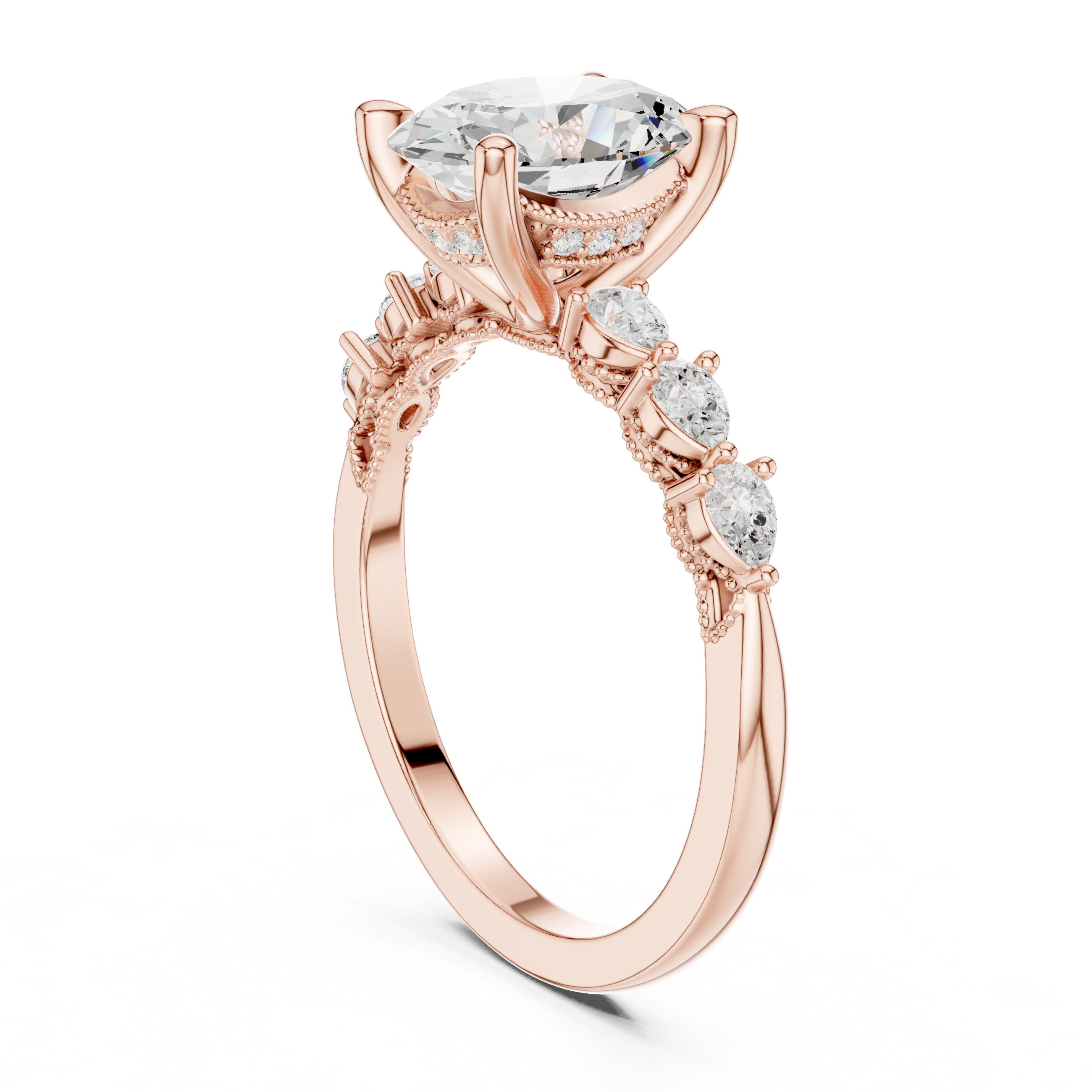 Oval Cut Engagement Ring with Pear Diamond Accents and Hidden Halo Setting
