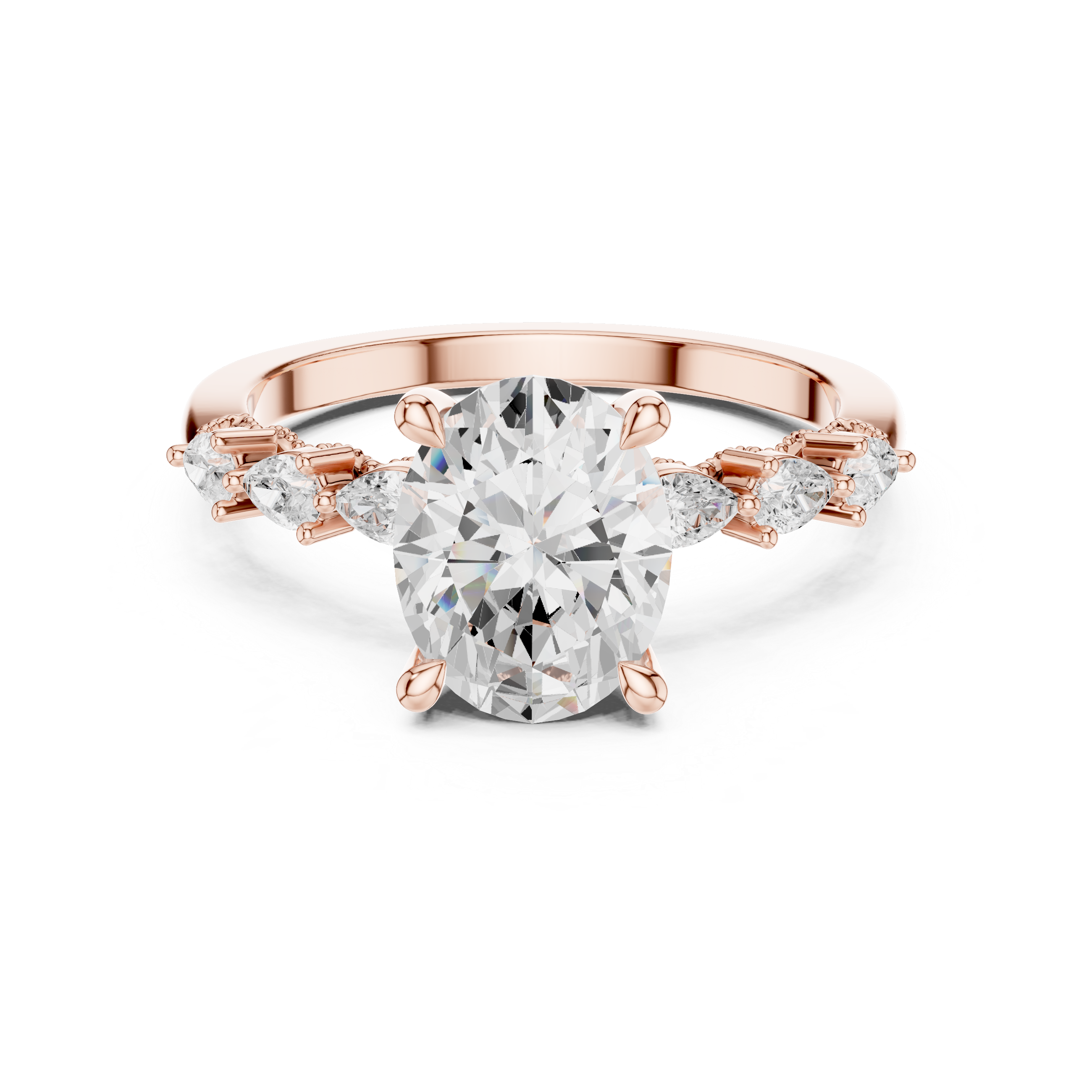 Oval Cut Engagement Ring with Pear Diamond Accents and Hidden Halo Setting