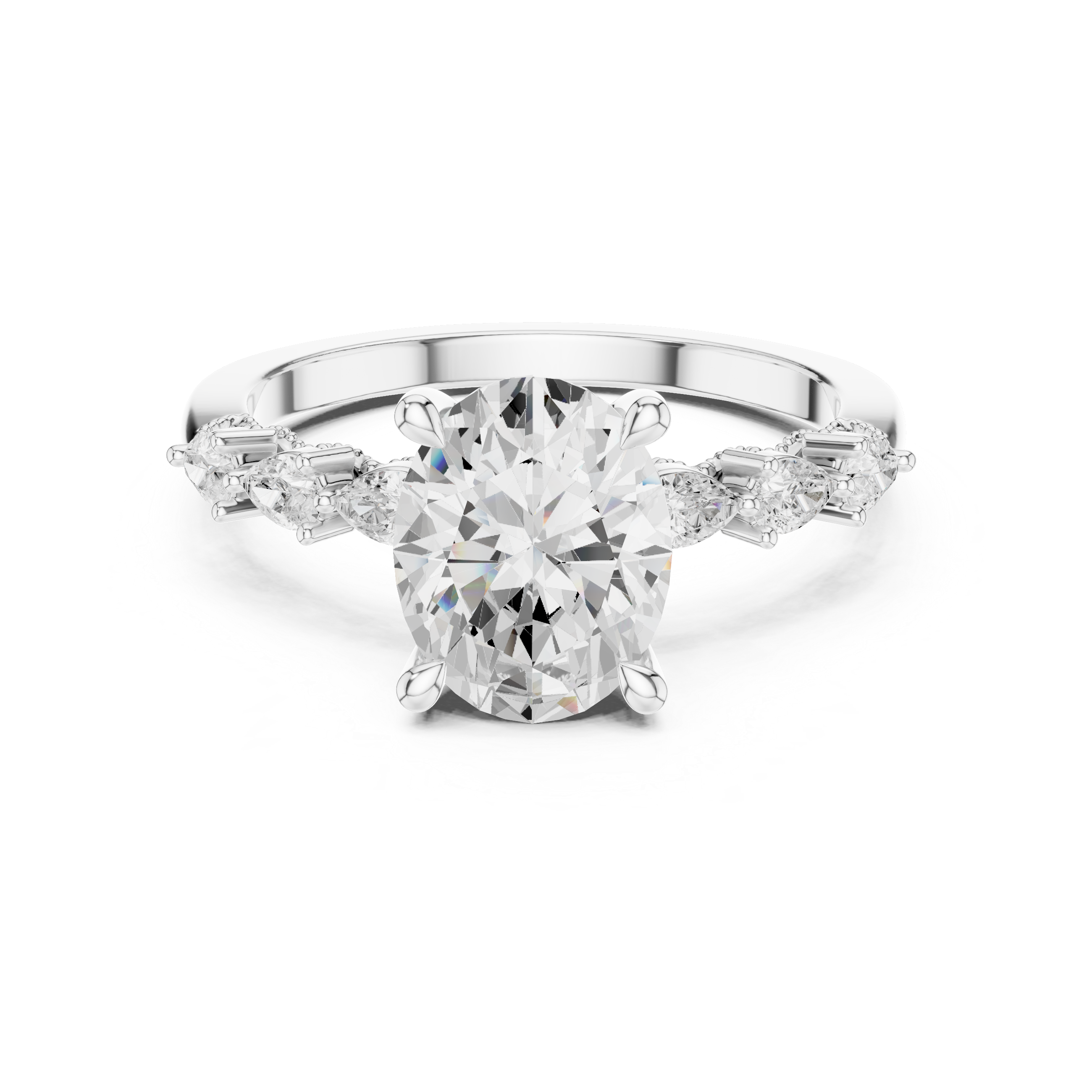 Oval Cut Engagement Ring with Pear Diamond Accents and Hidden Halo Setting