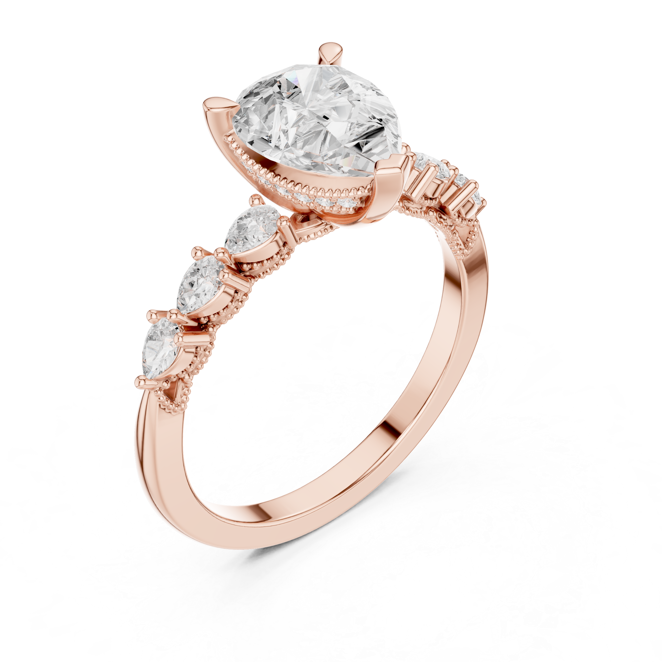 Pear Cut Engagement Ring with Hidden Halo and Pear Diamond Side Accents