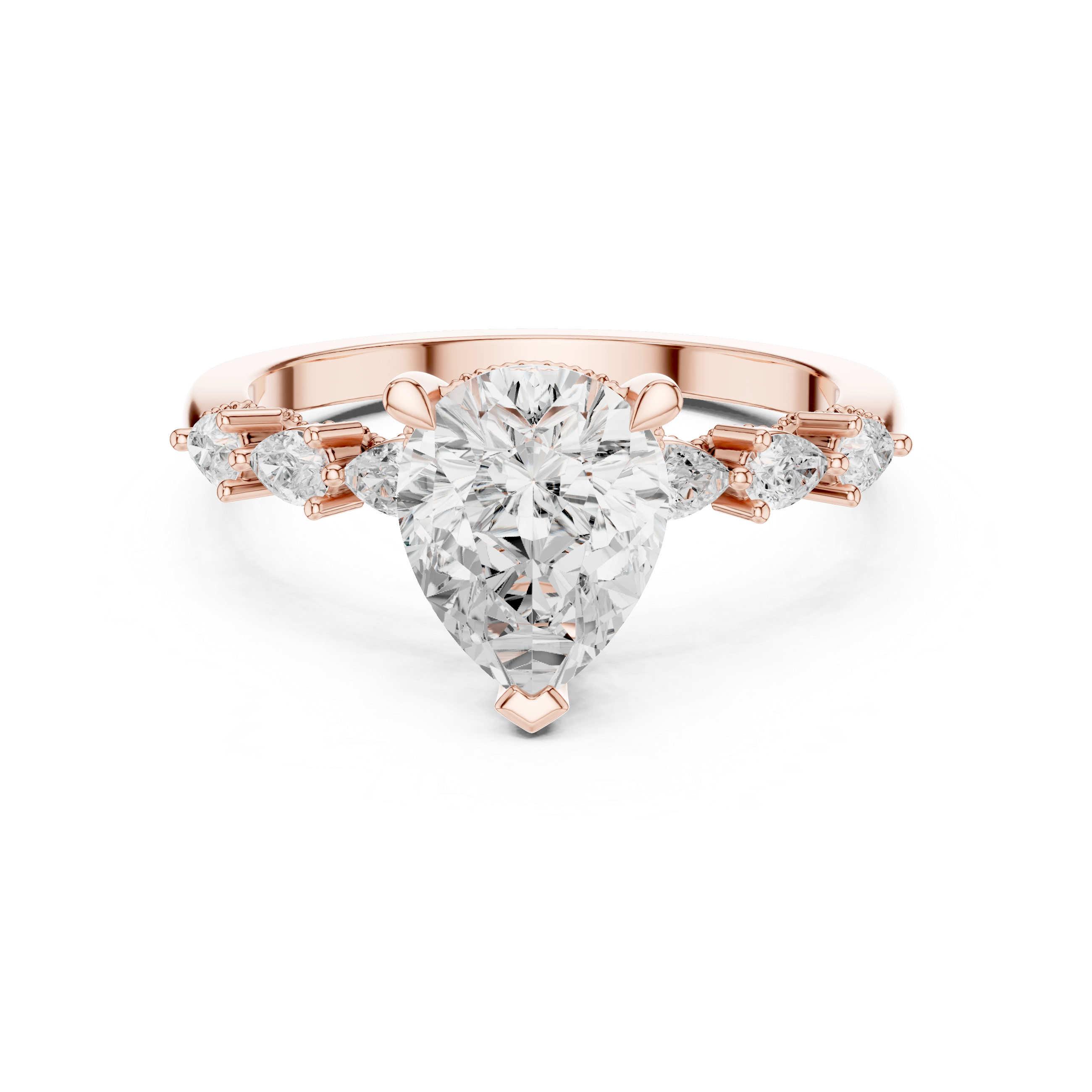 Pear Cut Engagement Ring with Hidden Halo and Pear Diamond Side Accents