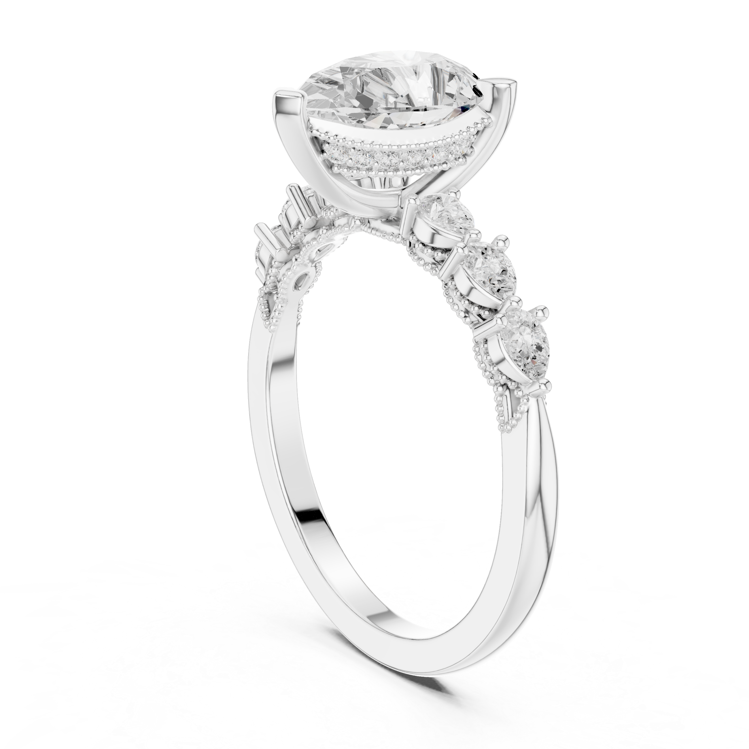 Pear Cut Engagement Ring with Hidden Halo and Pear Diamond Side Accents