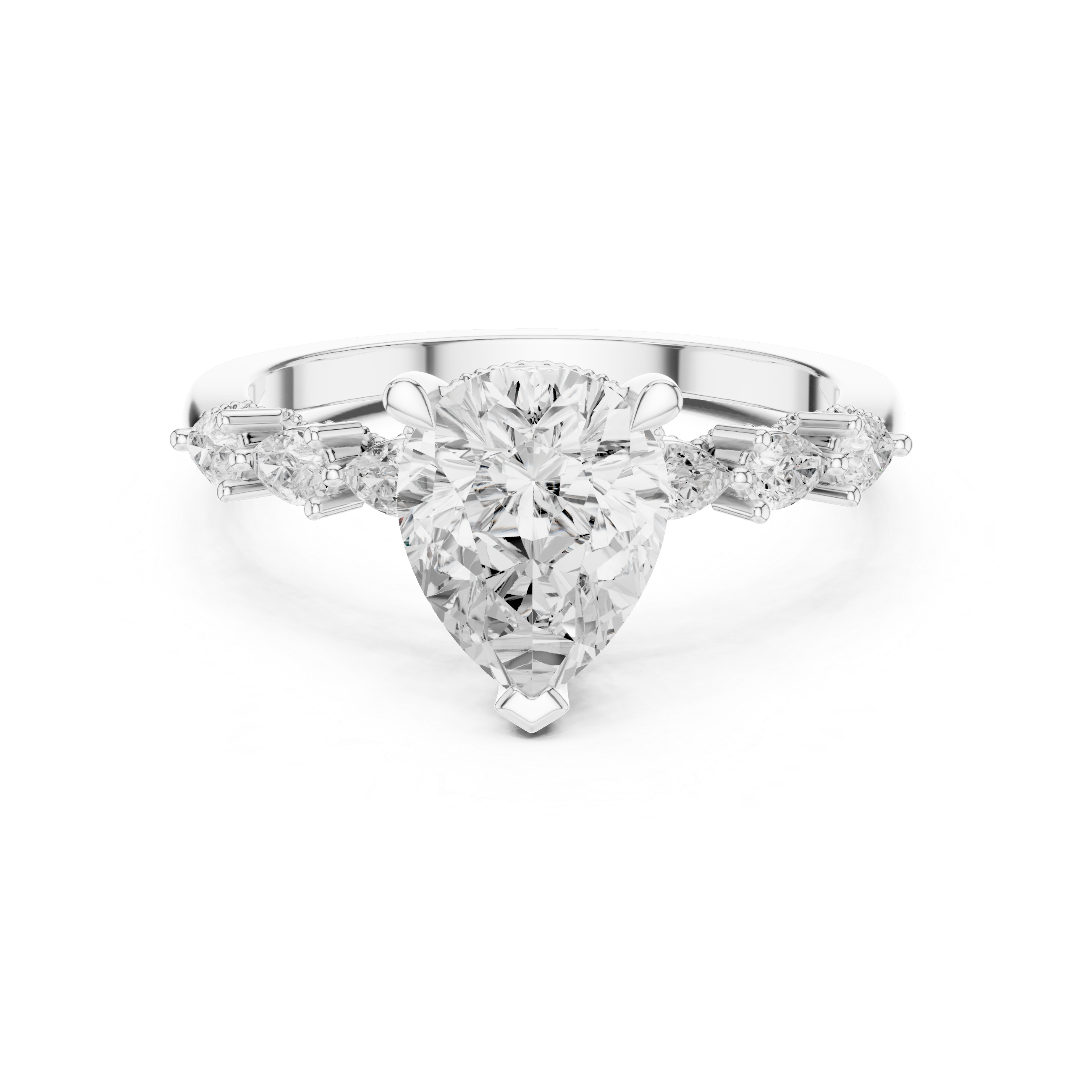 Pear Cut Engagement Ring with Hidden Halo and Pear Diamond Side Accents