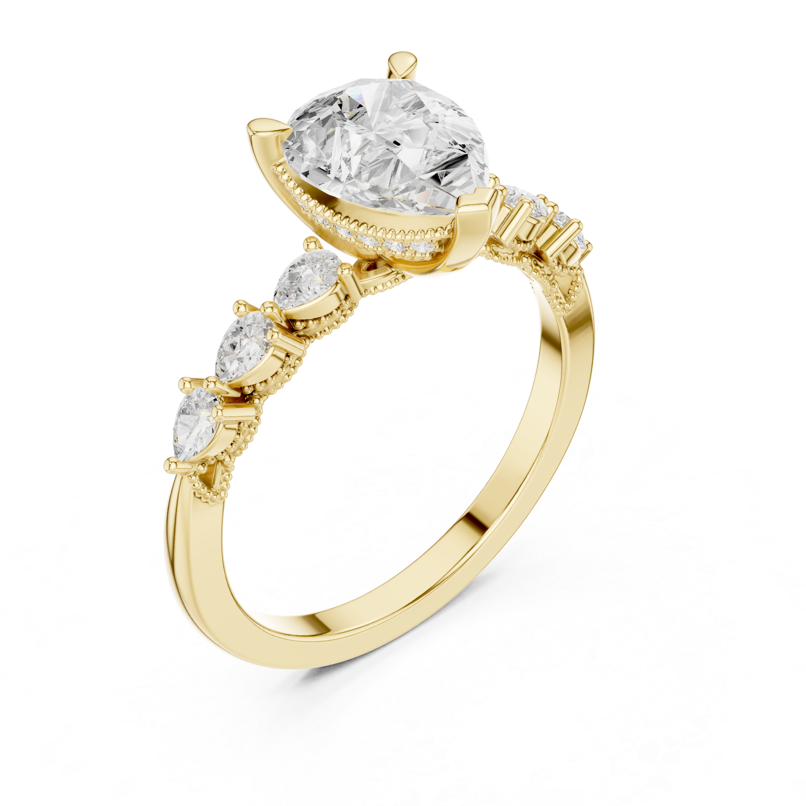 Pear Cut Engagement Ring with Hidden Halo and Pear Diamond Side Accents