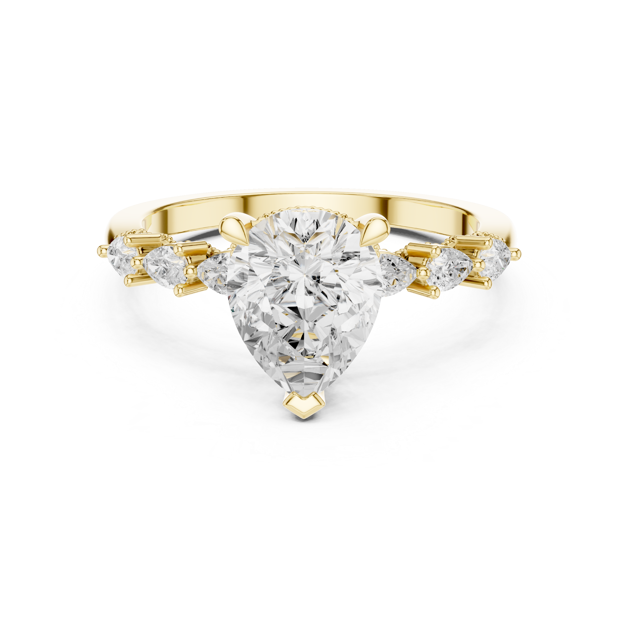 Pear Cut Engagement Ring with Hidden Halo and Pear Diamond Side Accents