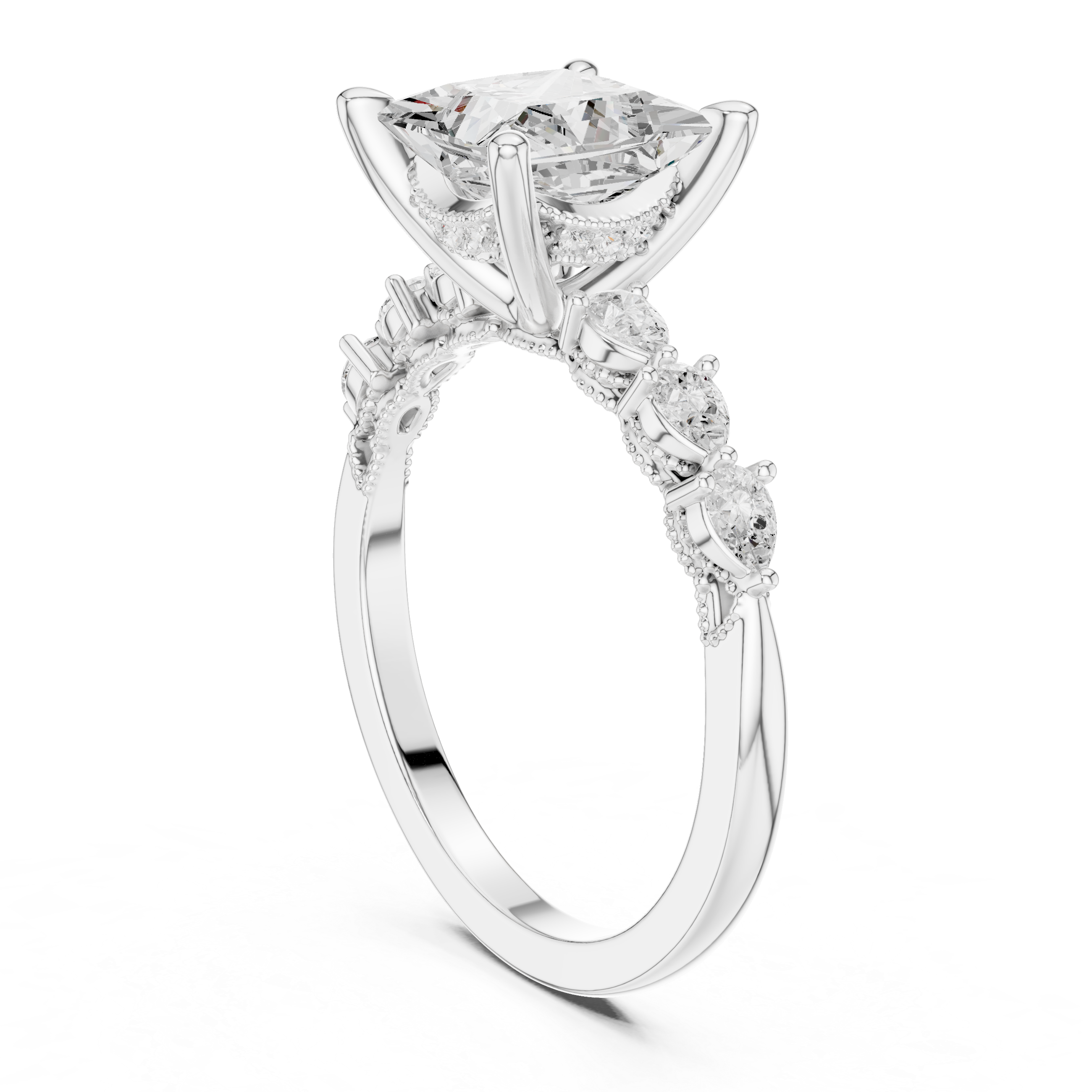 Princess Cut Engagement Ring with Pear Diamond Accents and Hidden Halo Gallery
