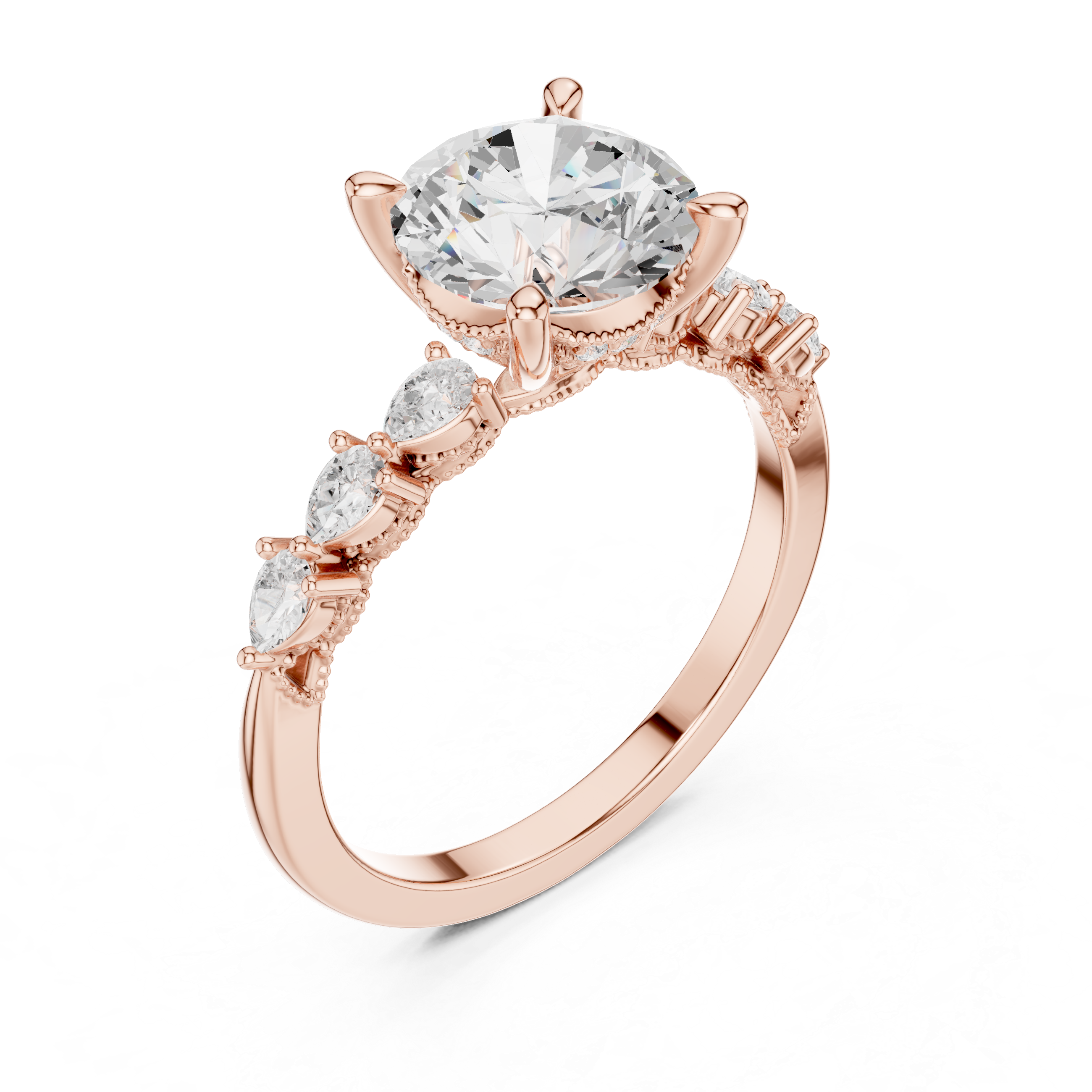 Round Cut Engagement Ring with Pear Diamond Accents and Hidden Halo Gallery