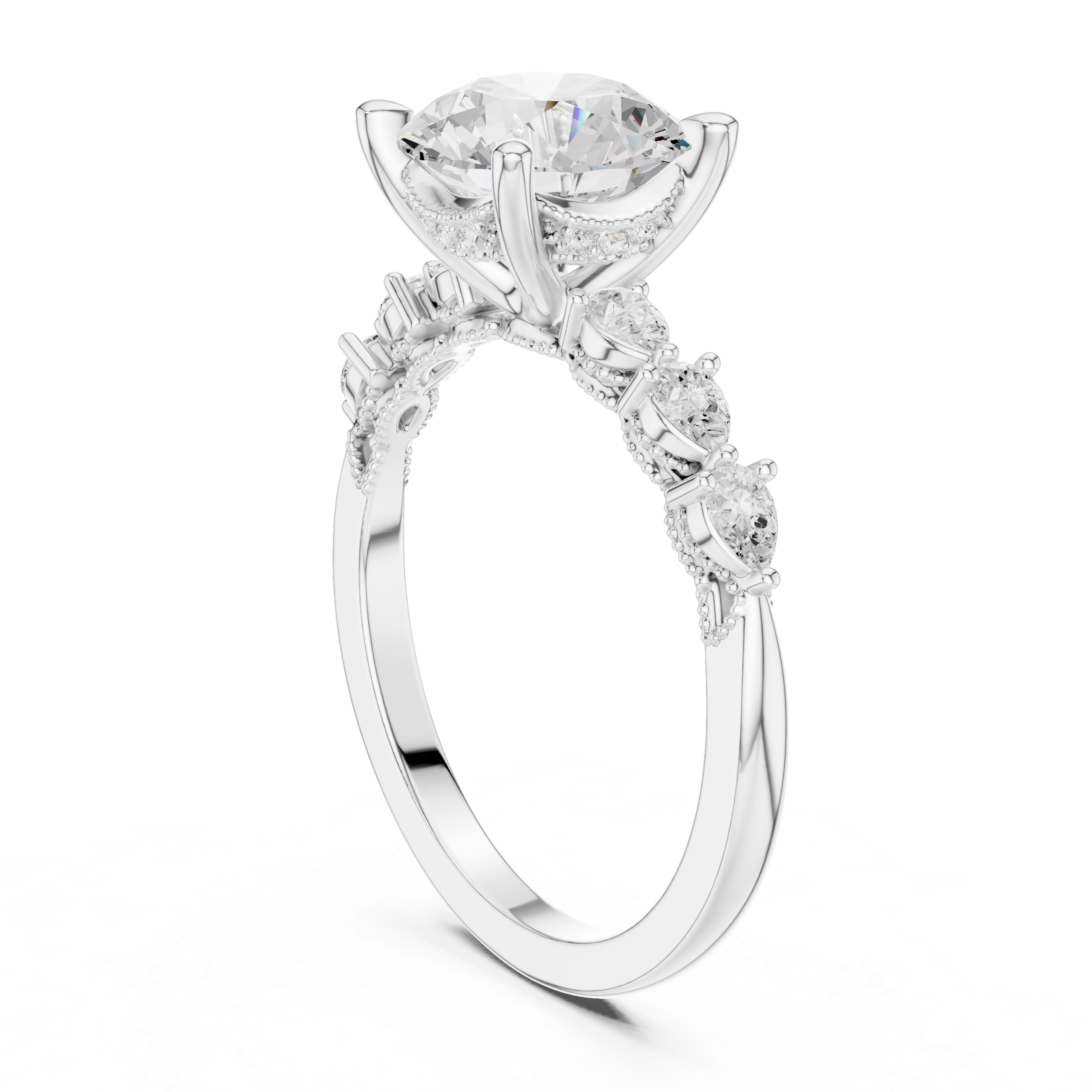Round Cut Engagement Ring with Pear Diamond Accents and Hidden Halo Gallery