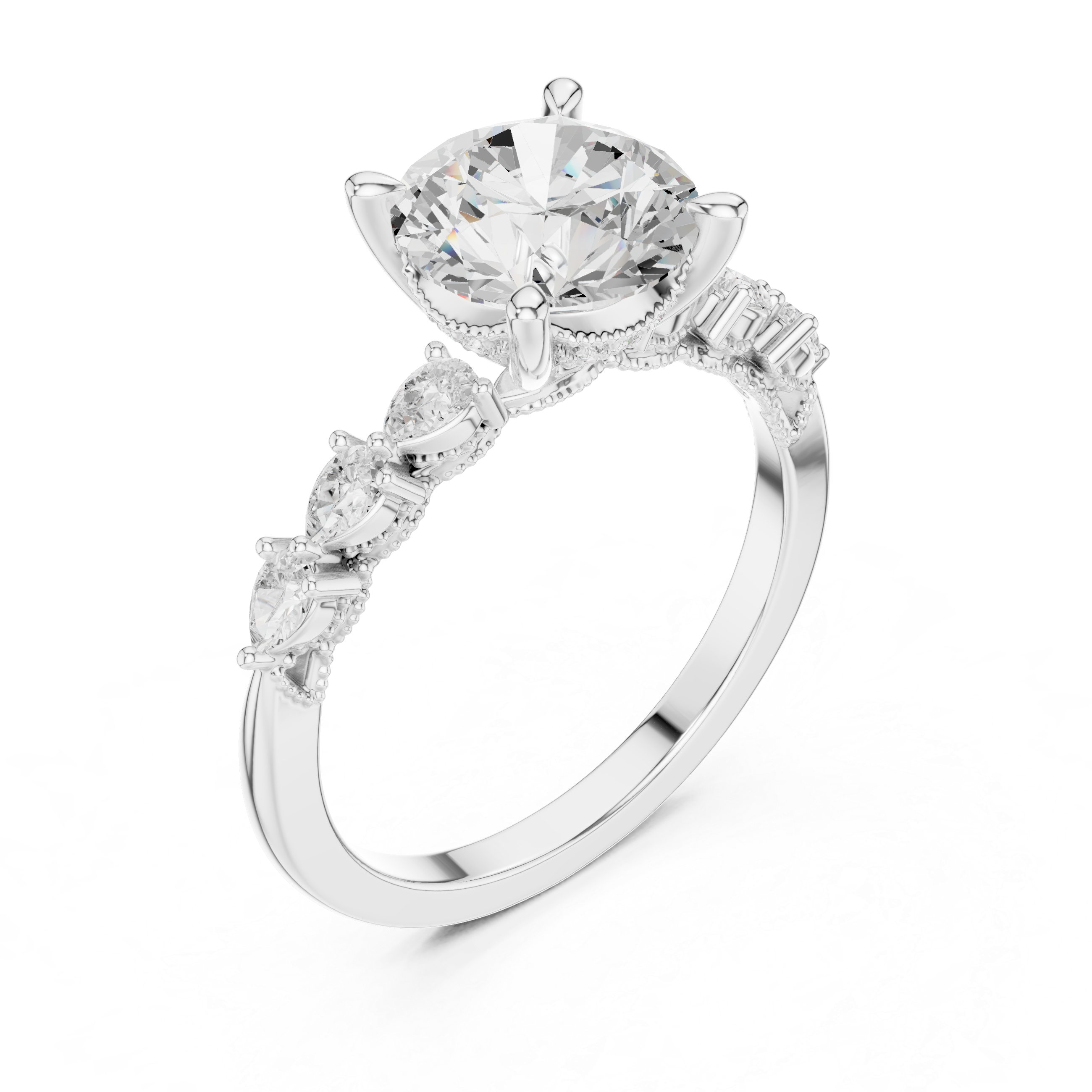 Round Cut Engagement Ring with Pear Diamond Accents and Hidden Halo Gallery