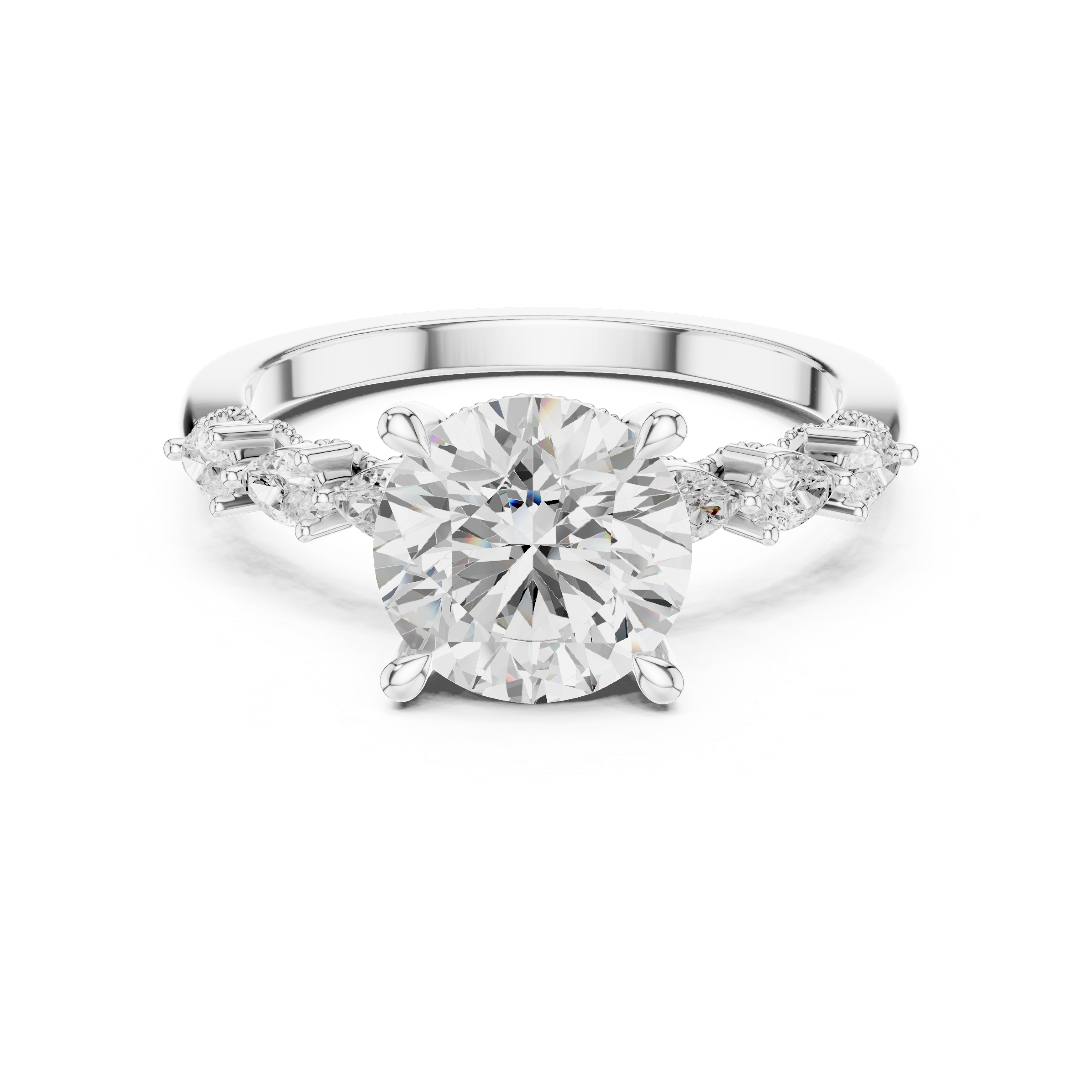 Round Cut Engagement Ring with Pear Diamond Accents and Hidden Halo Gallery
