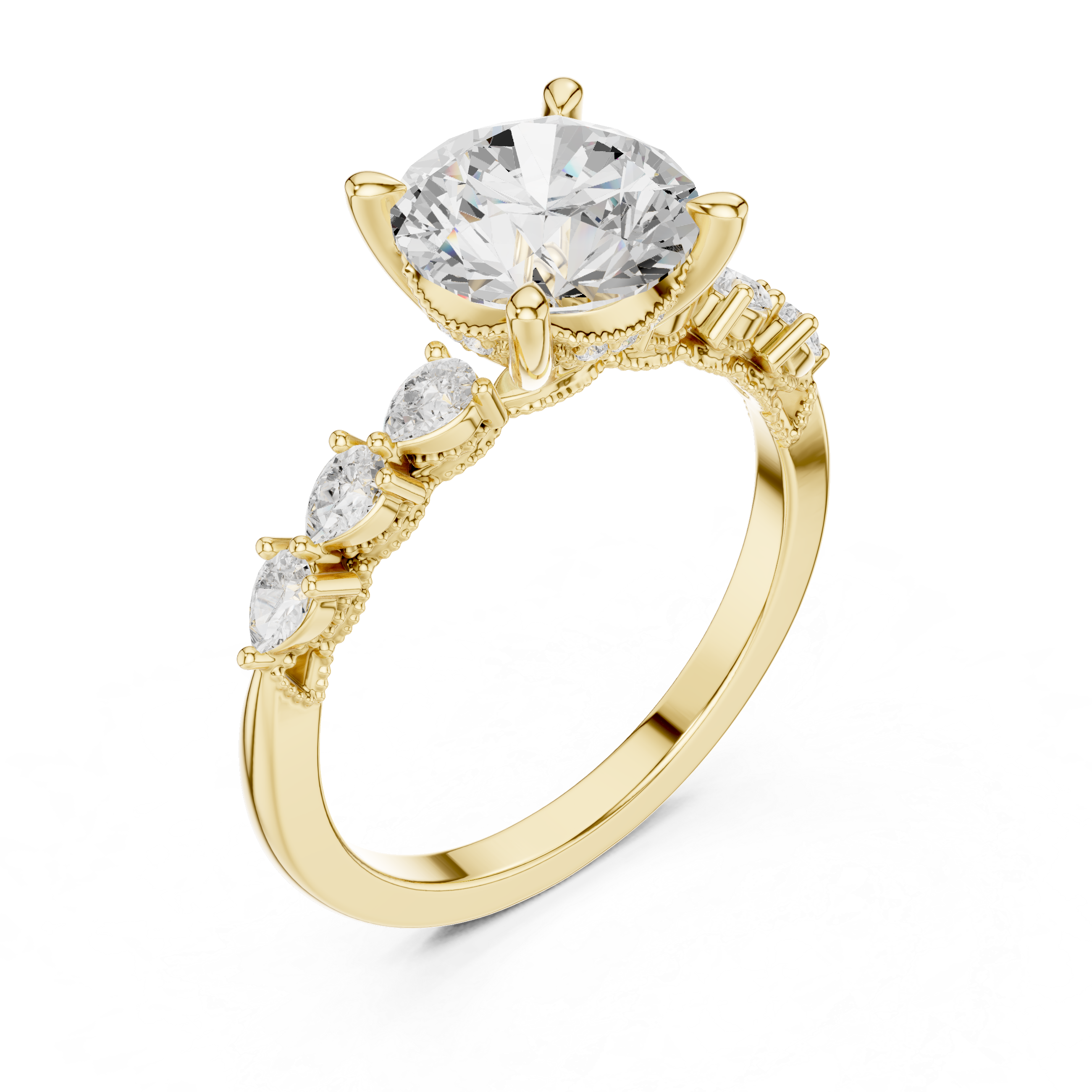 Round Cut Engagement Ring with Pear Diamond Accents and Hidden Halo Gallery