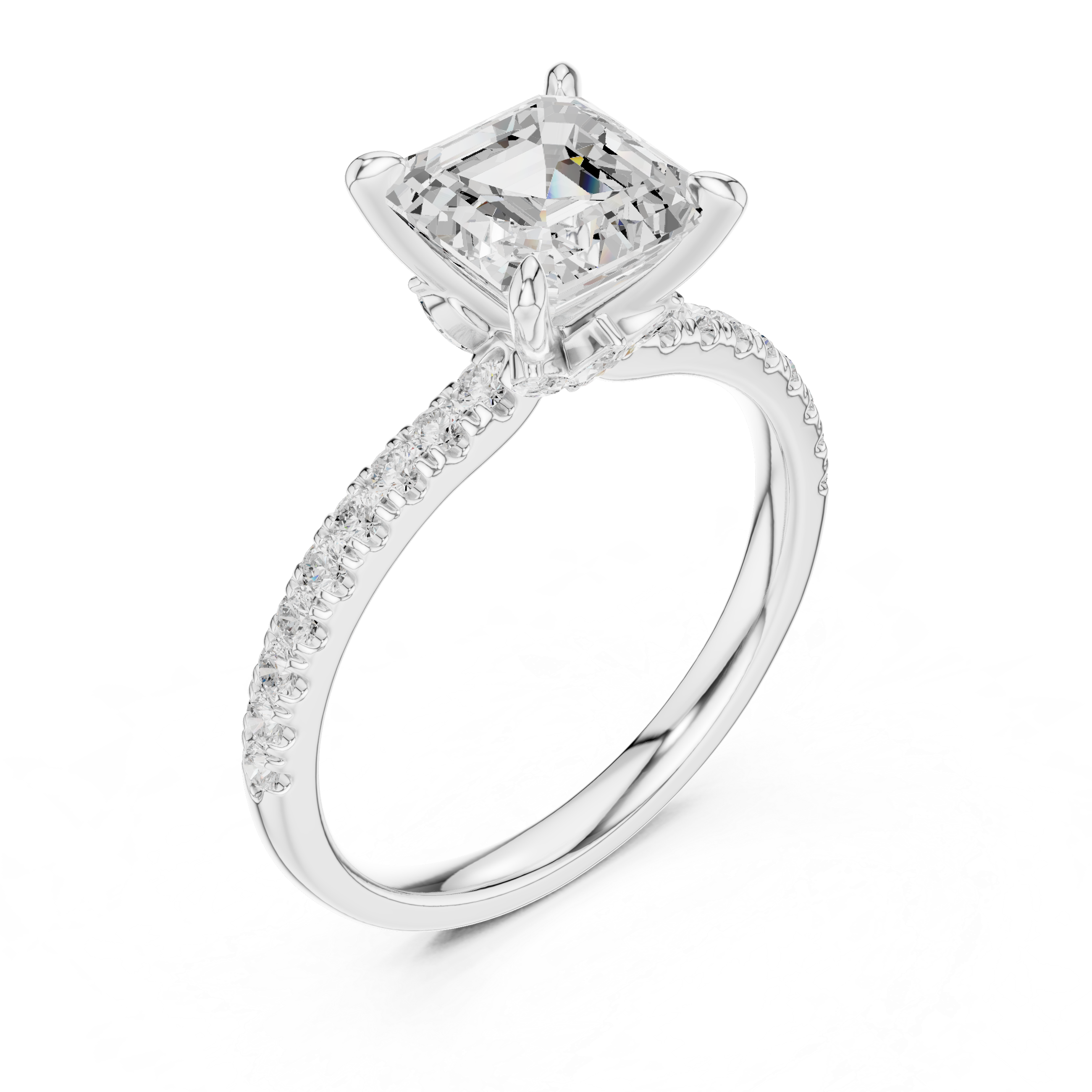 Asscher Cut Engagement Ring with Hidden Marquise Diamond Gallery and Pavé Band