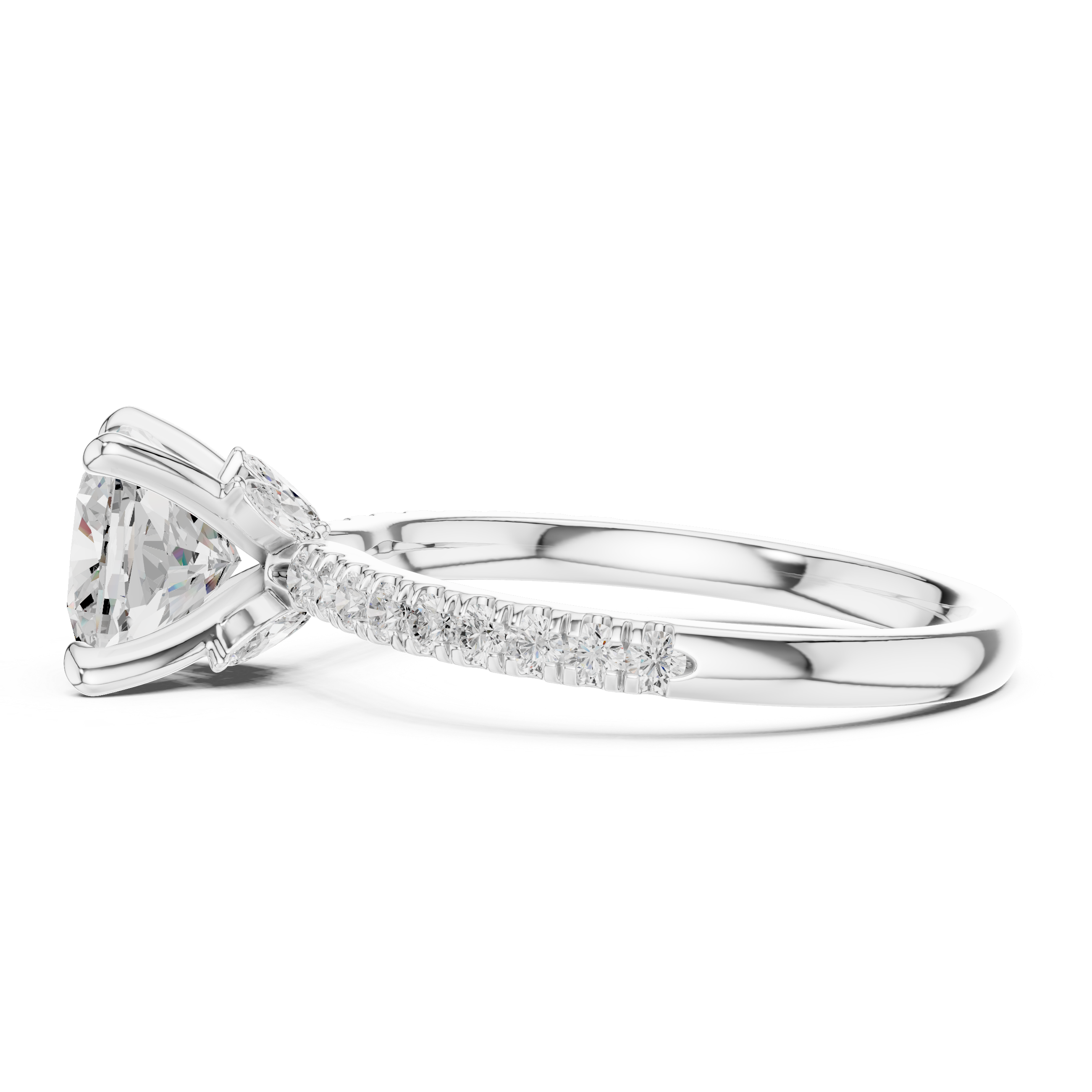 Cushion Cut Engagement Ring with Hidden Marquise Gallery and Pavé Diamond Band