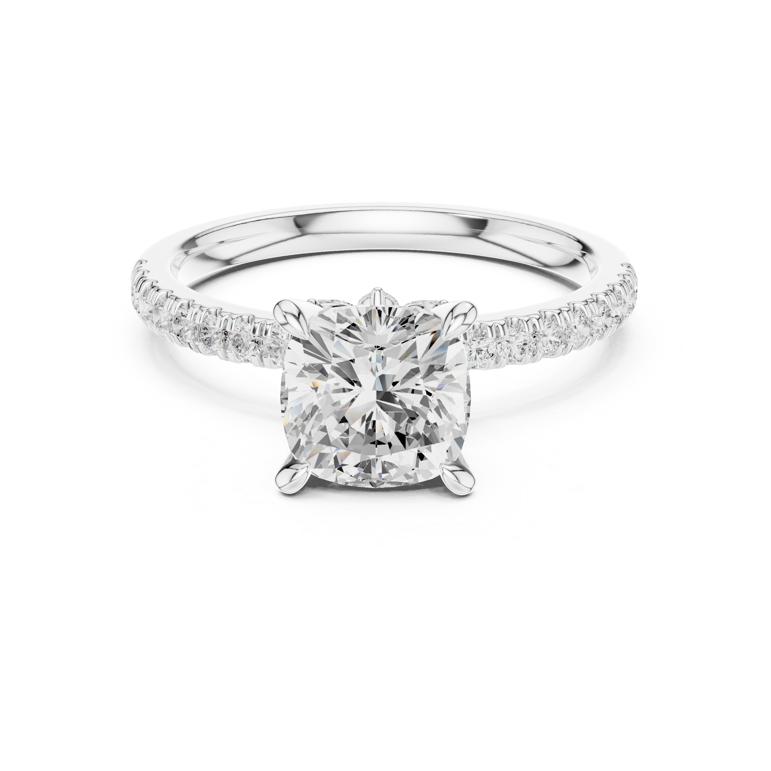 Cushion Cut Engagement Ring with Hidden Marquise Gallery and Pavé Diamond Band