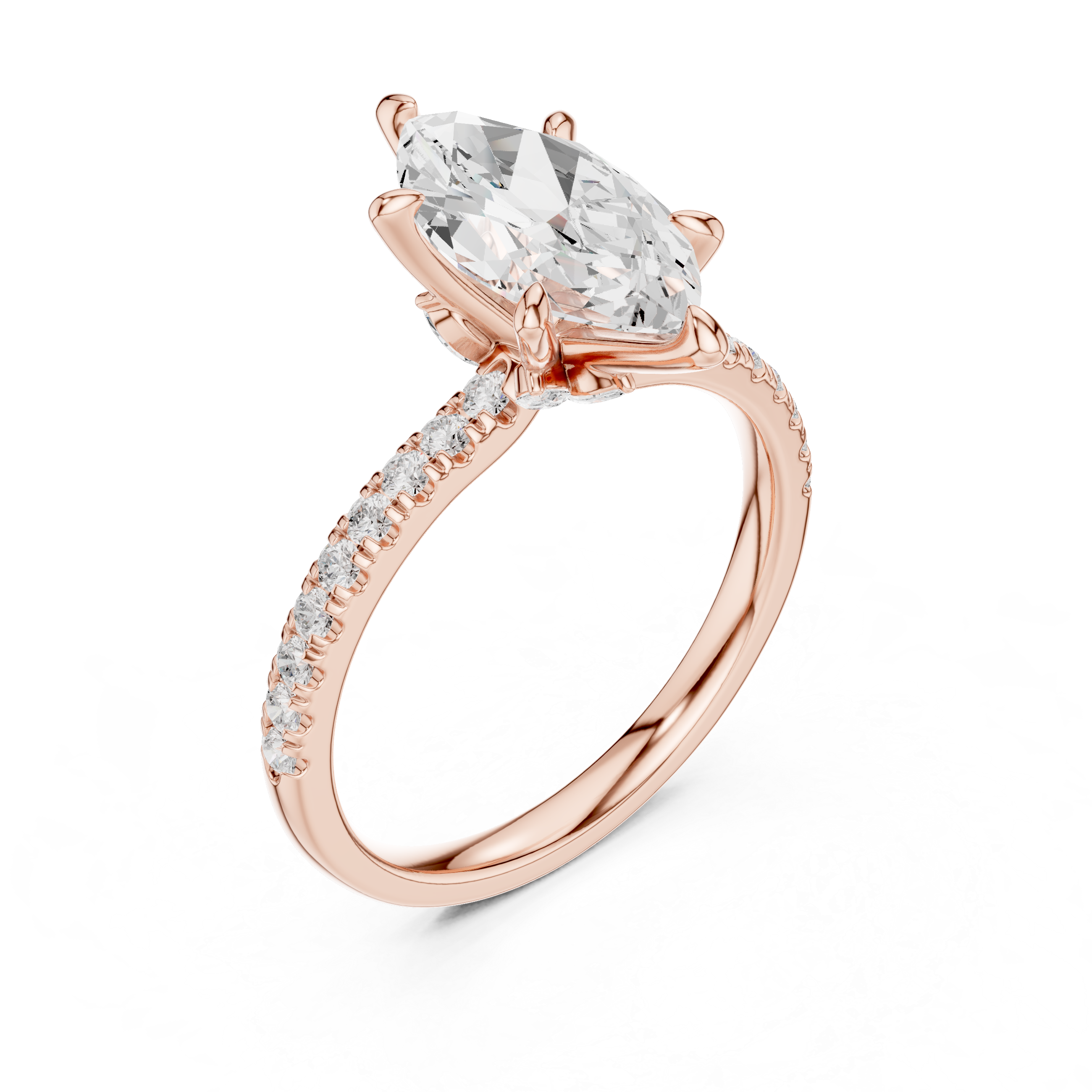 Marquise Cut Engagement Ring with Hidden Marquise Gallery and Pavé Diamond Band