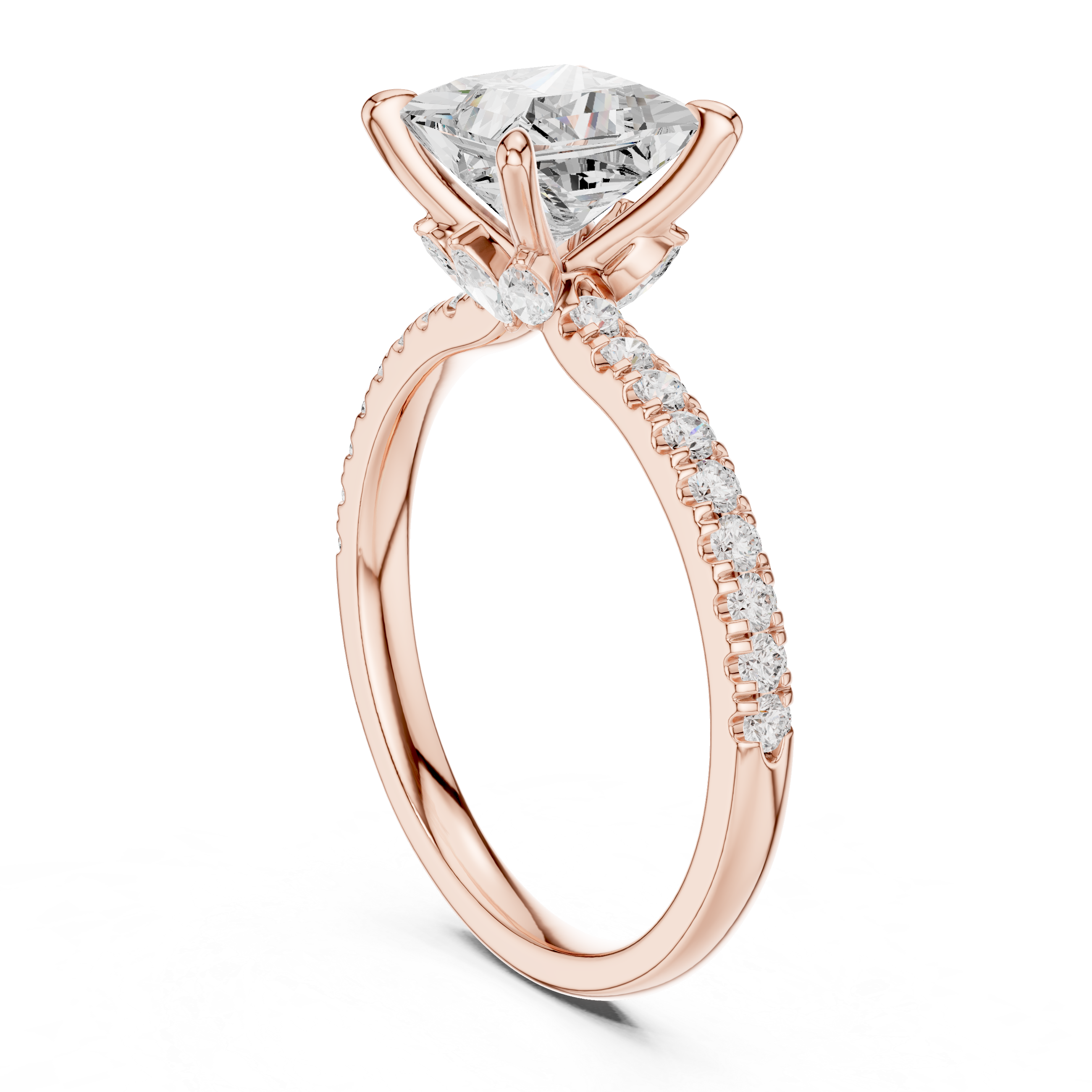 Princess Cut Engagement Ring with Marquise Hidden Gallery and Pavé Diamond Band
