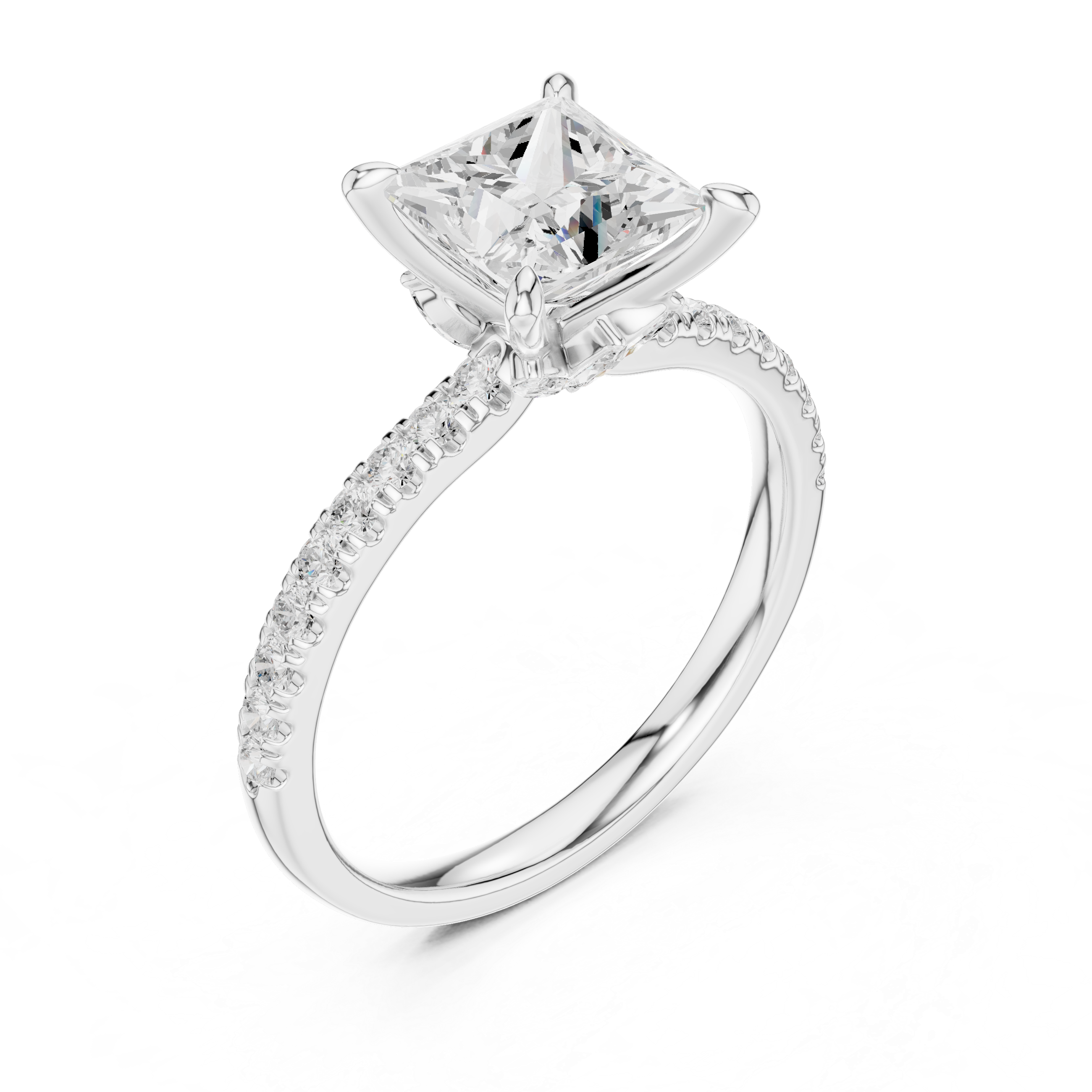Princess Cut Engagement Ring with Marquise Hidden Gallery and Pavé Diamond Band