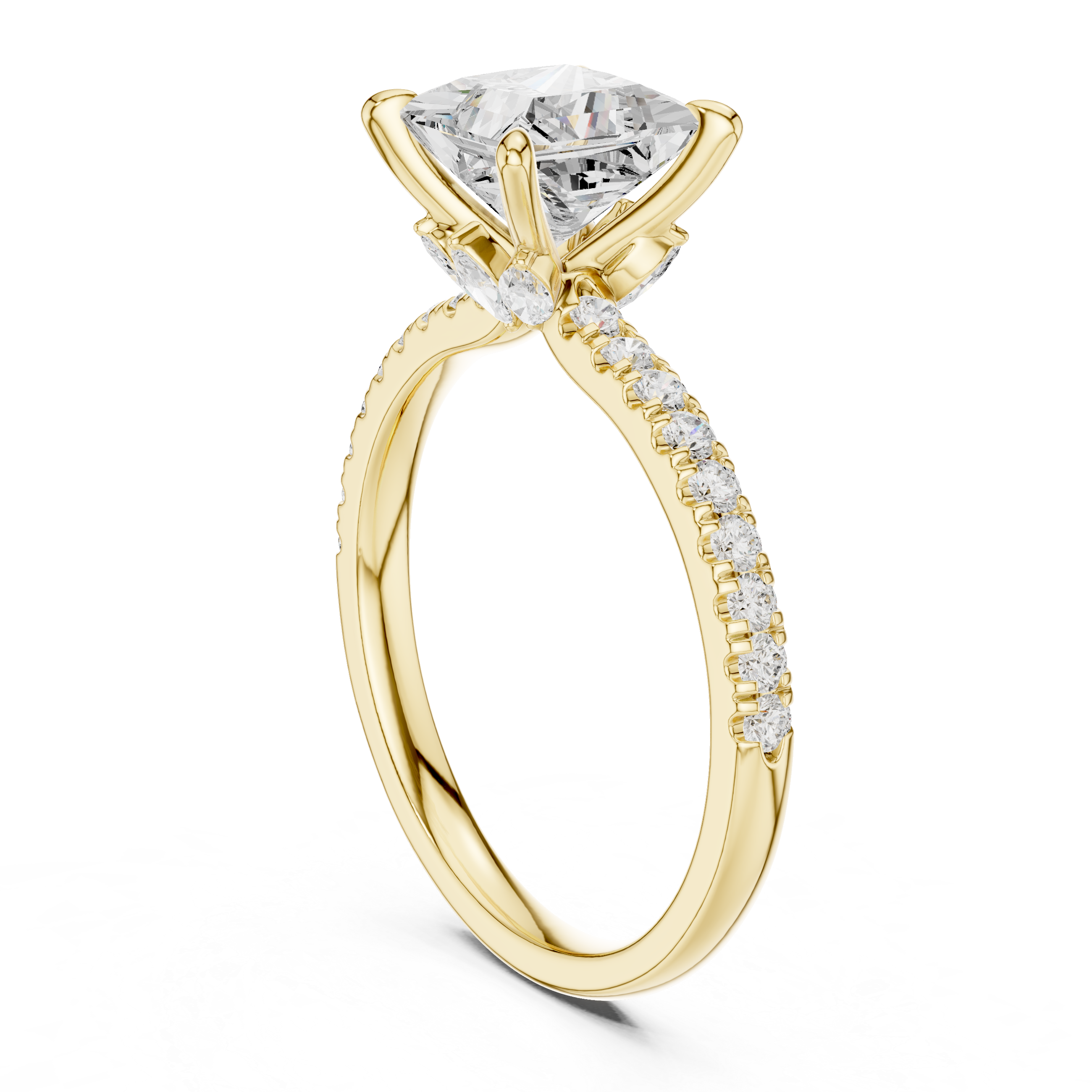 Princess Cut Engagement Ring with Marquise Hidden Gallery and Pavé Diamond Band
