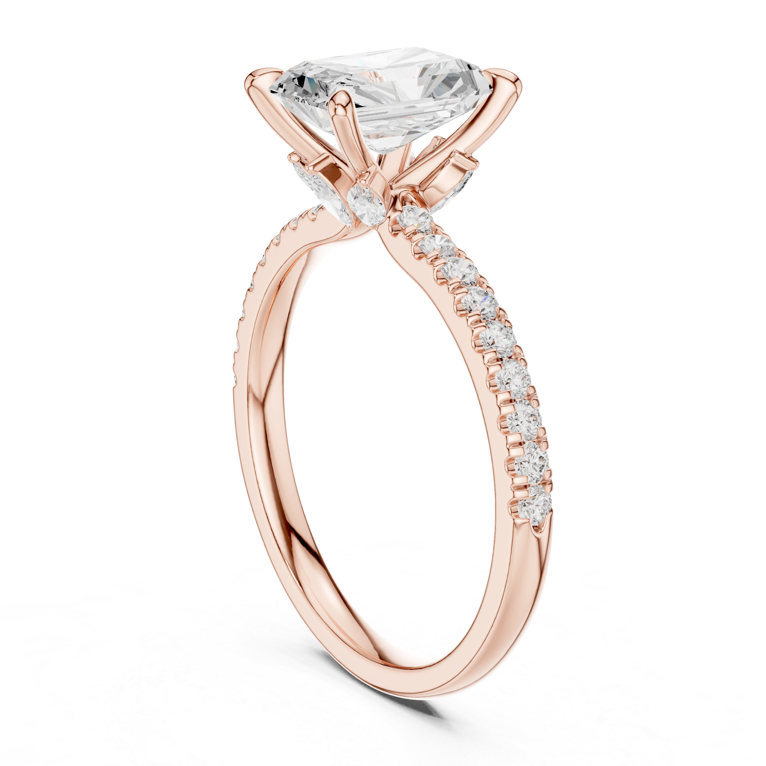 Radiant Cut Engagement Ring with Marquise Hidden Gallery and Pavé Diamond Band