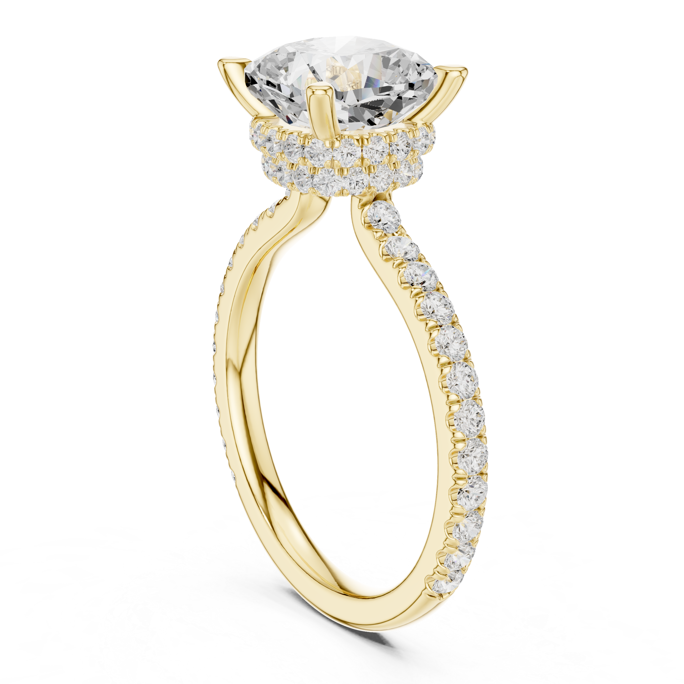 Cushion Cut Hidden Halo Engagement Ring with Pavé Diamond Band