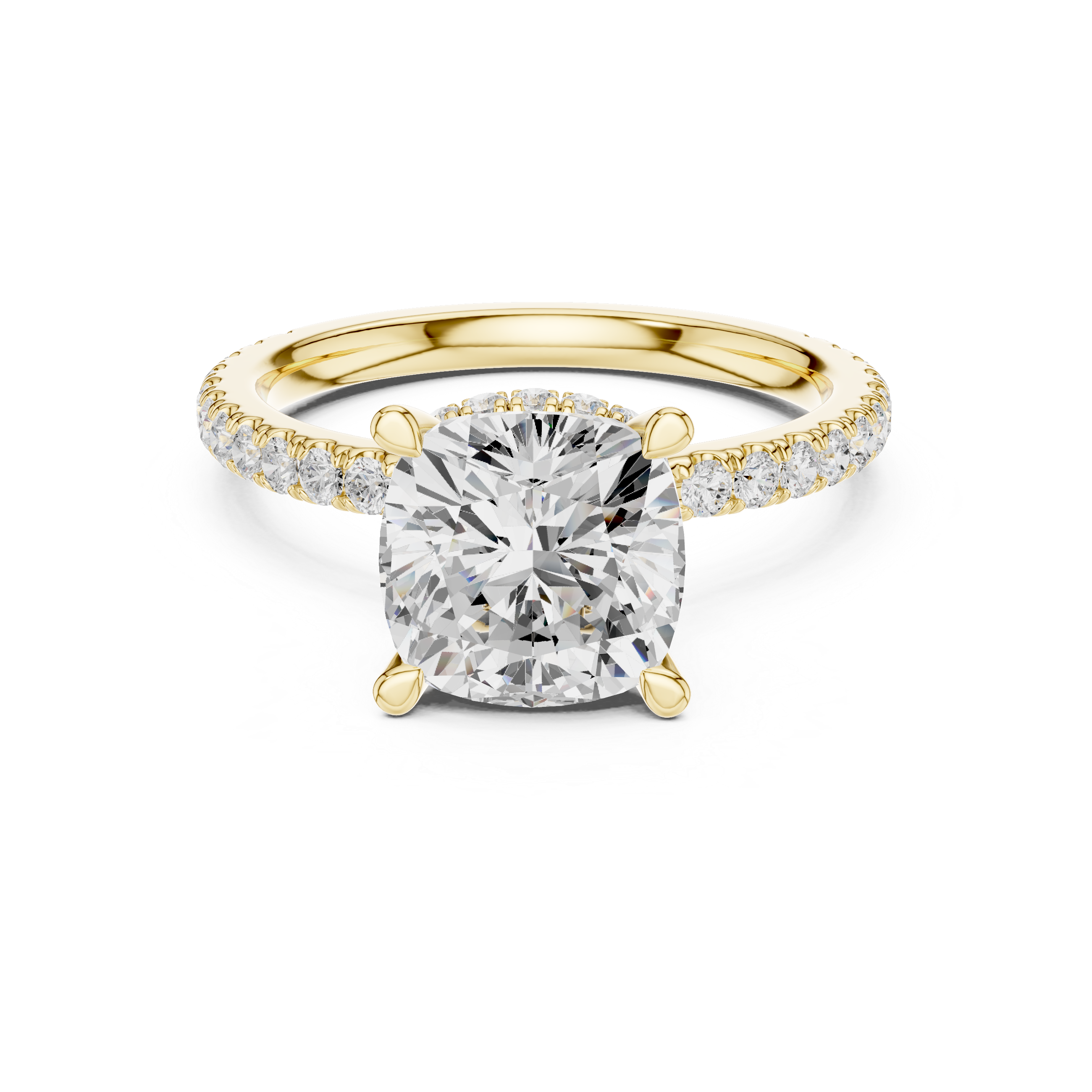 Cushion Cut Hidden Halo Engagement Ring with Pavé Diamond Band