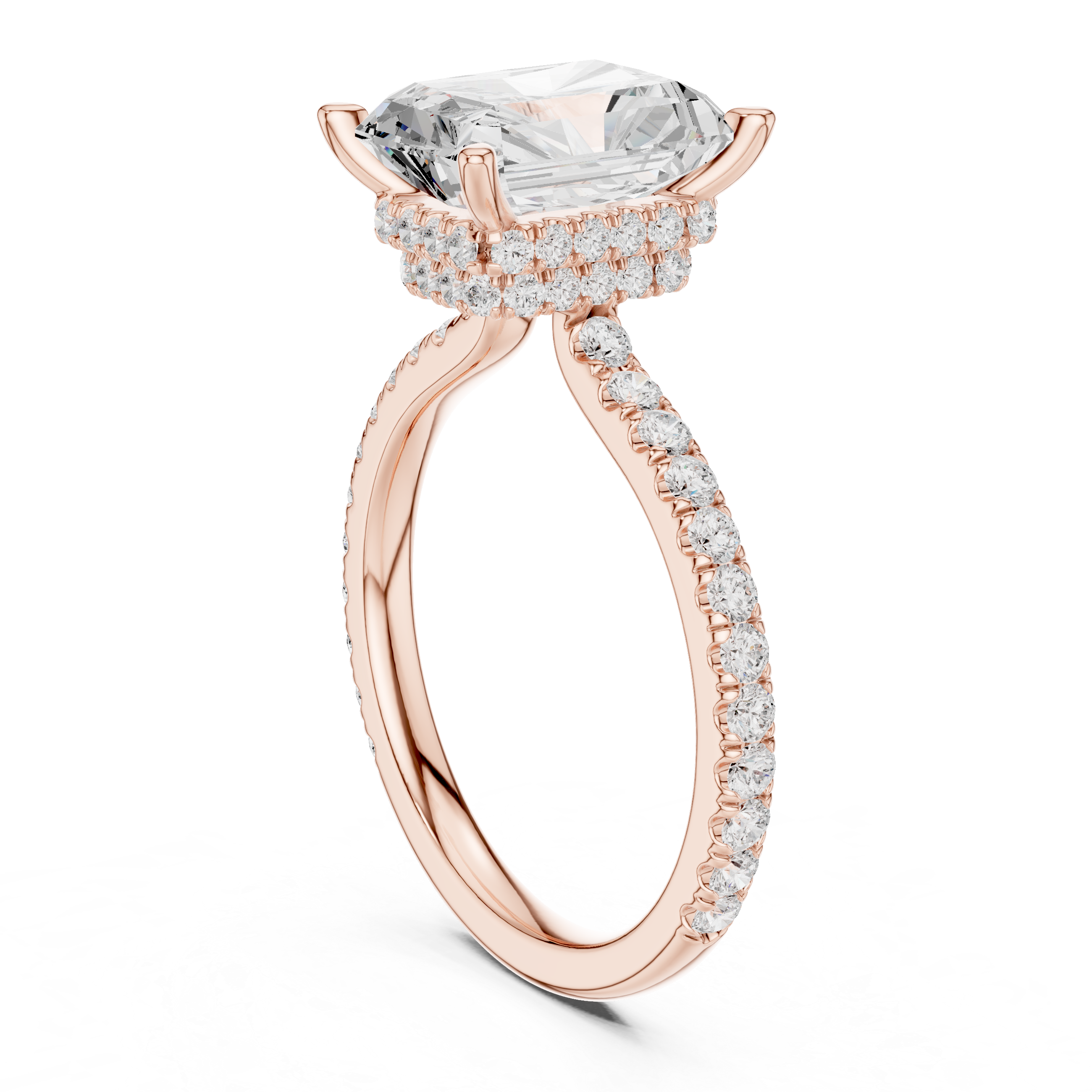 Radiant Cut Hidden Halo Engagement Ring with Pavé Diamond Band