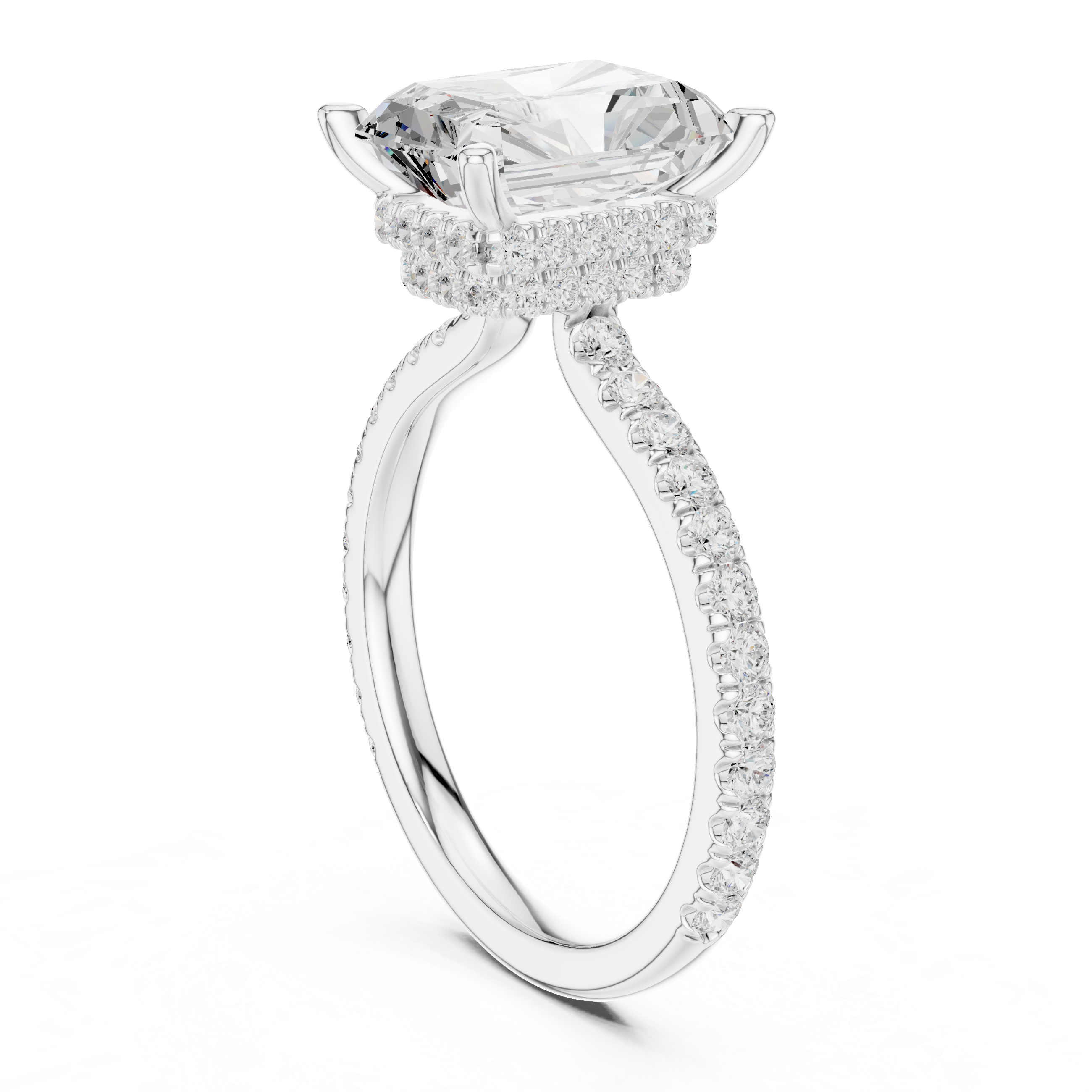 Radiant Cut Hidden Halo Engagement Ring with Pavé Diamond Band