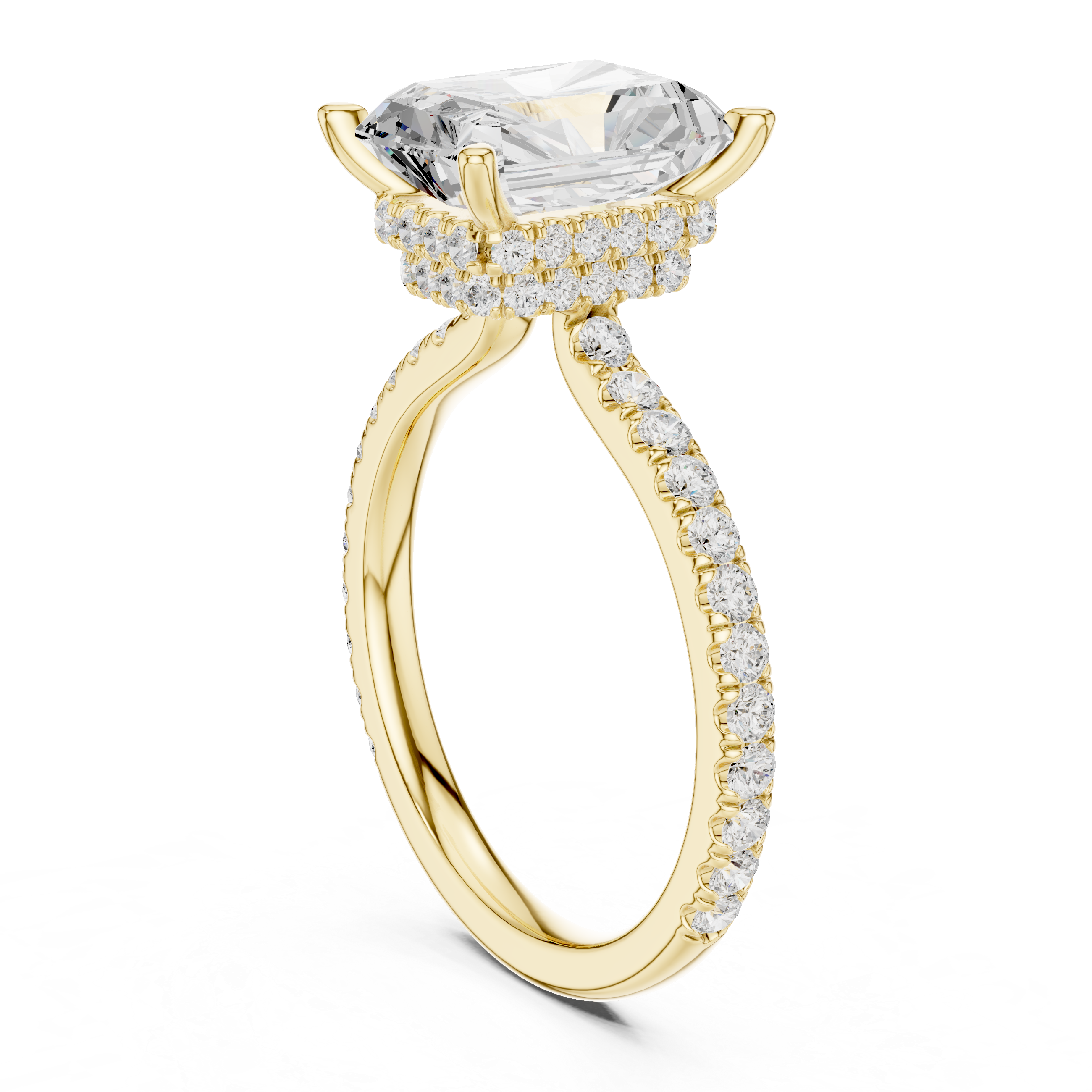Radiant Cut Hidden Halo Engagement Ring with Pavé Diamond Band