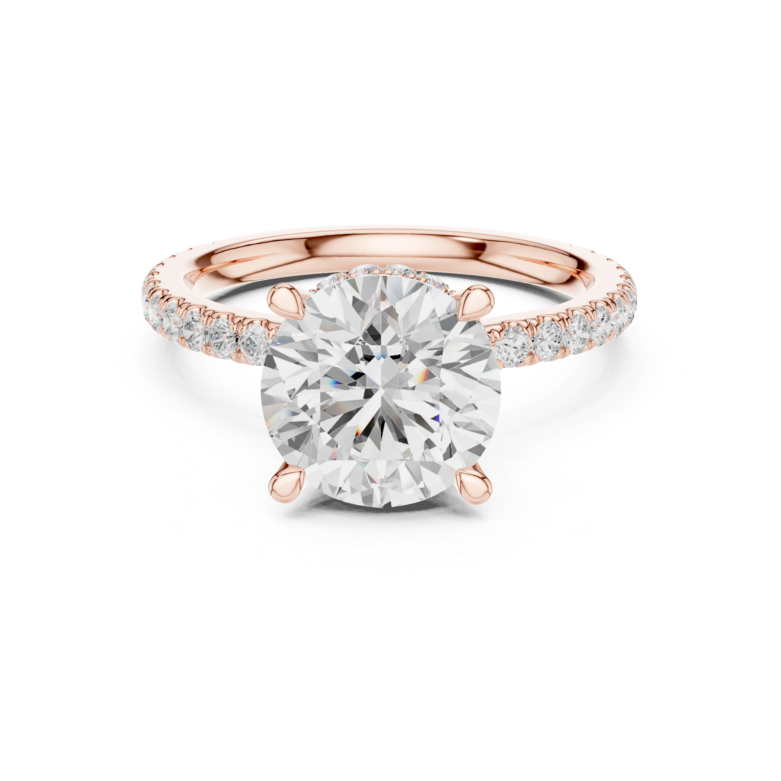 Round Brilliant Solitaire Engagement Ring with Hidden Halo and Pavé Diamond Band