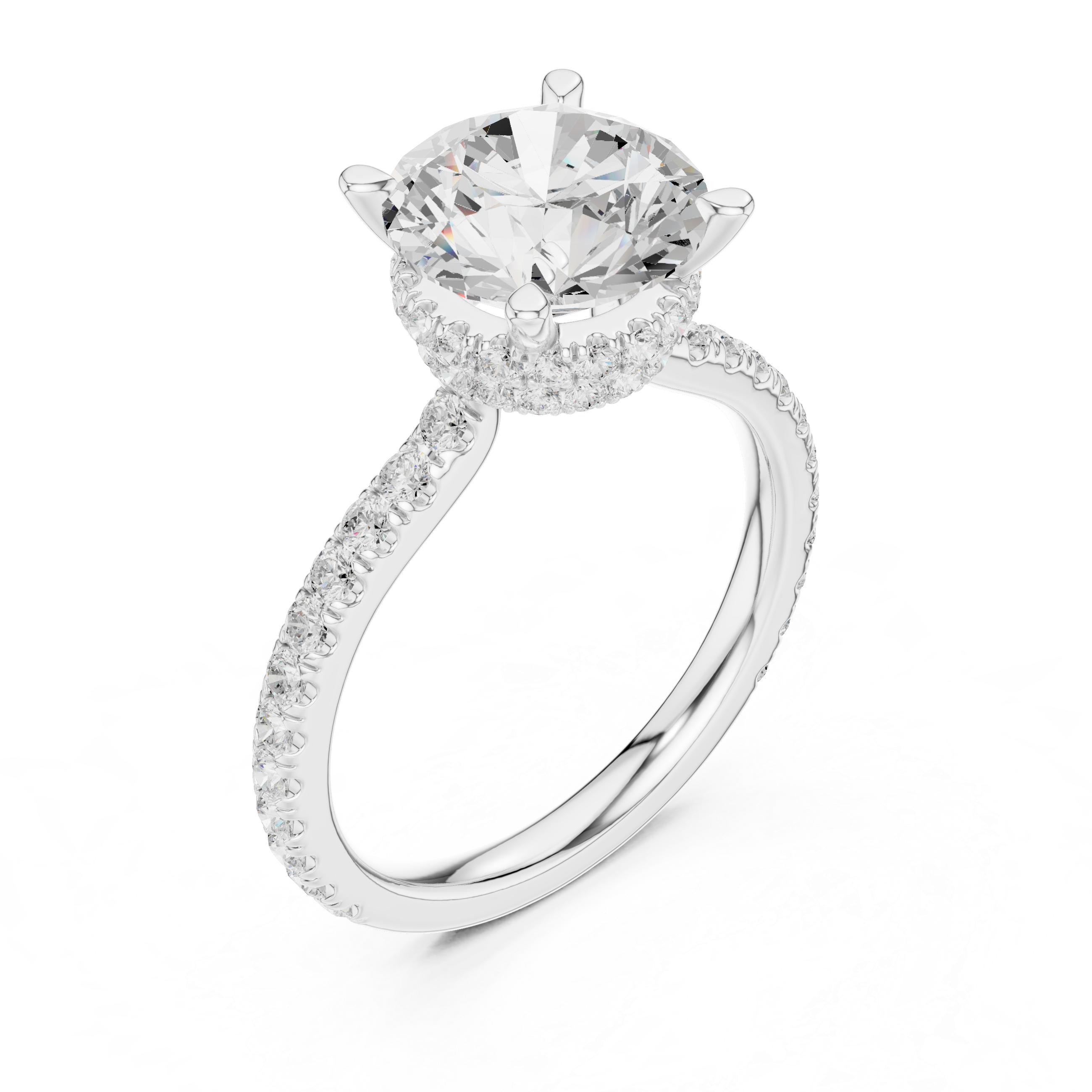 Round Brilliant Solitaire Engagement Ring with Hidden Halo and Pavé Diamond Band