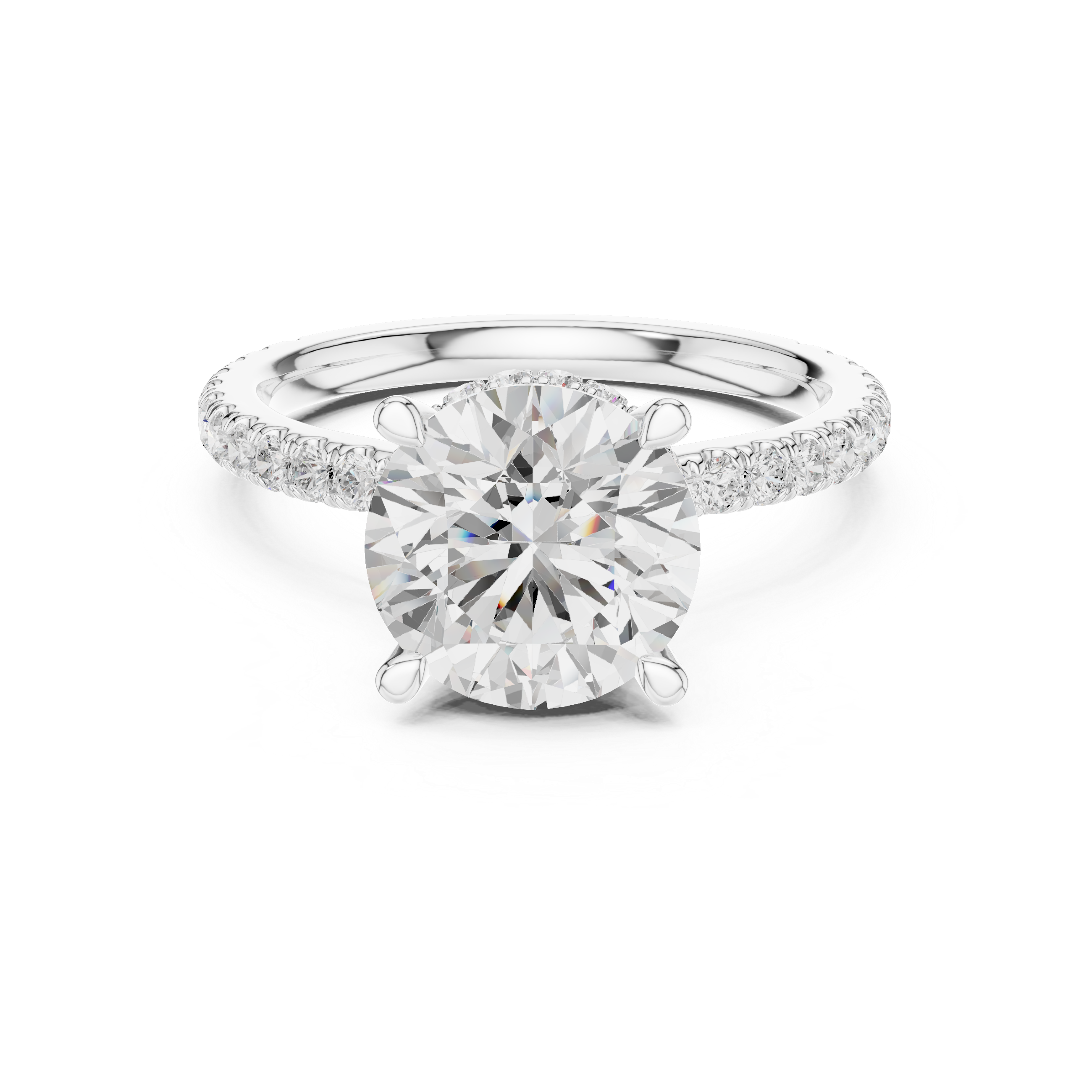Round Brilliant Solitaire Engagement Ring with Hidden Halo and Pavé Diamond Band