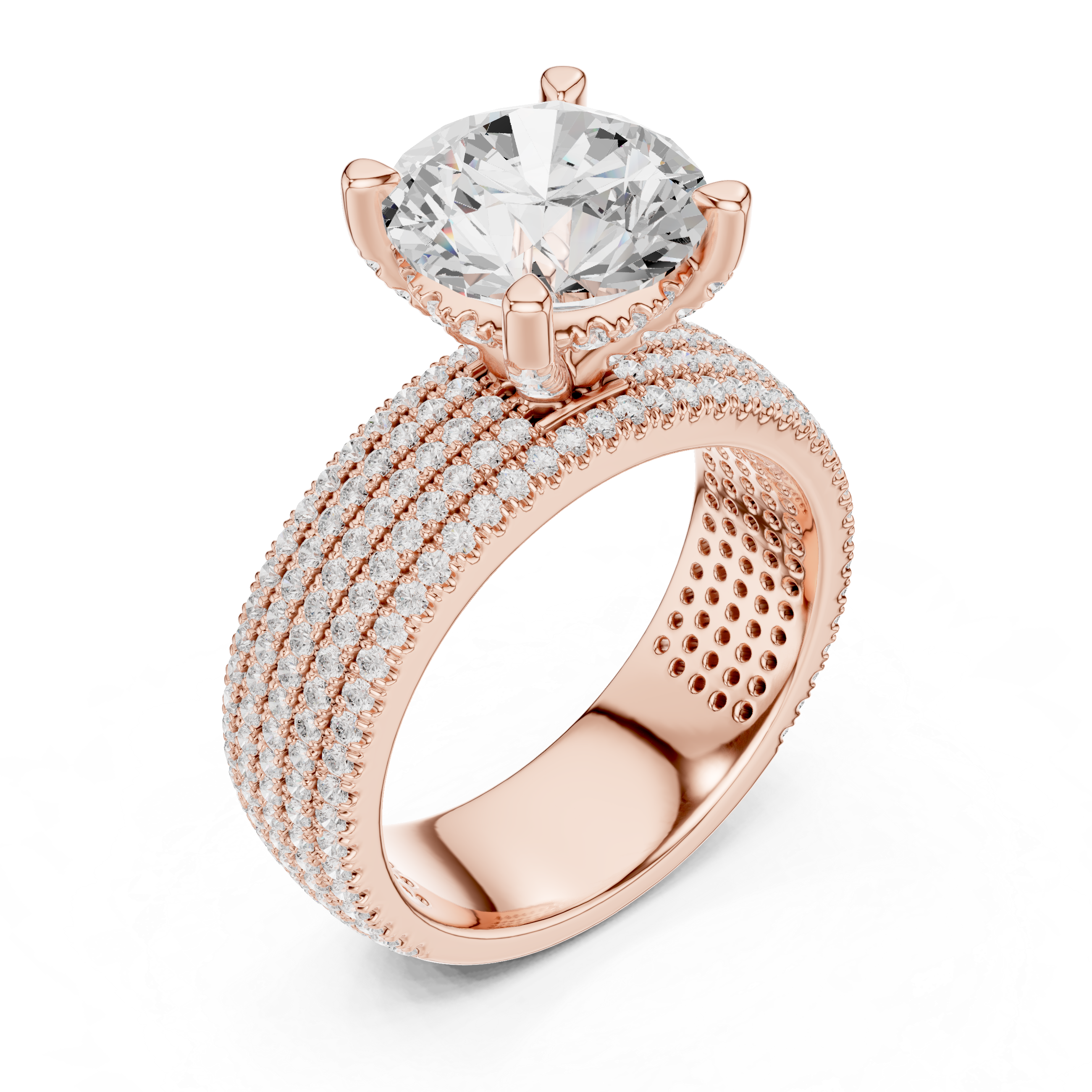 Round Brilliant Solitaire Engagement Ring with Five-Row Pavé Diamond Band