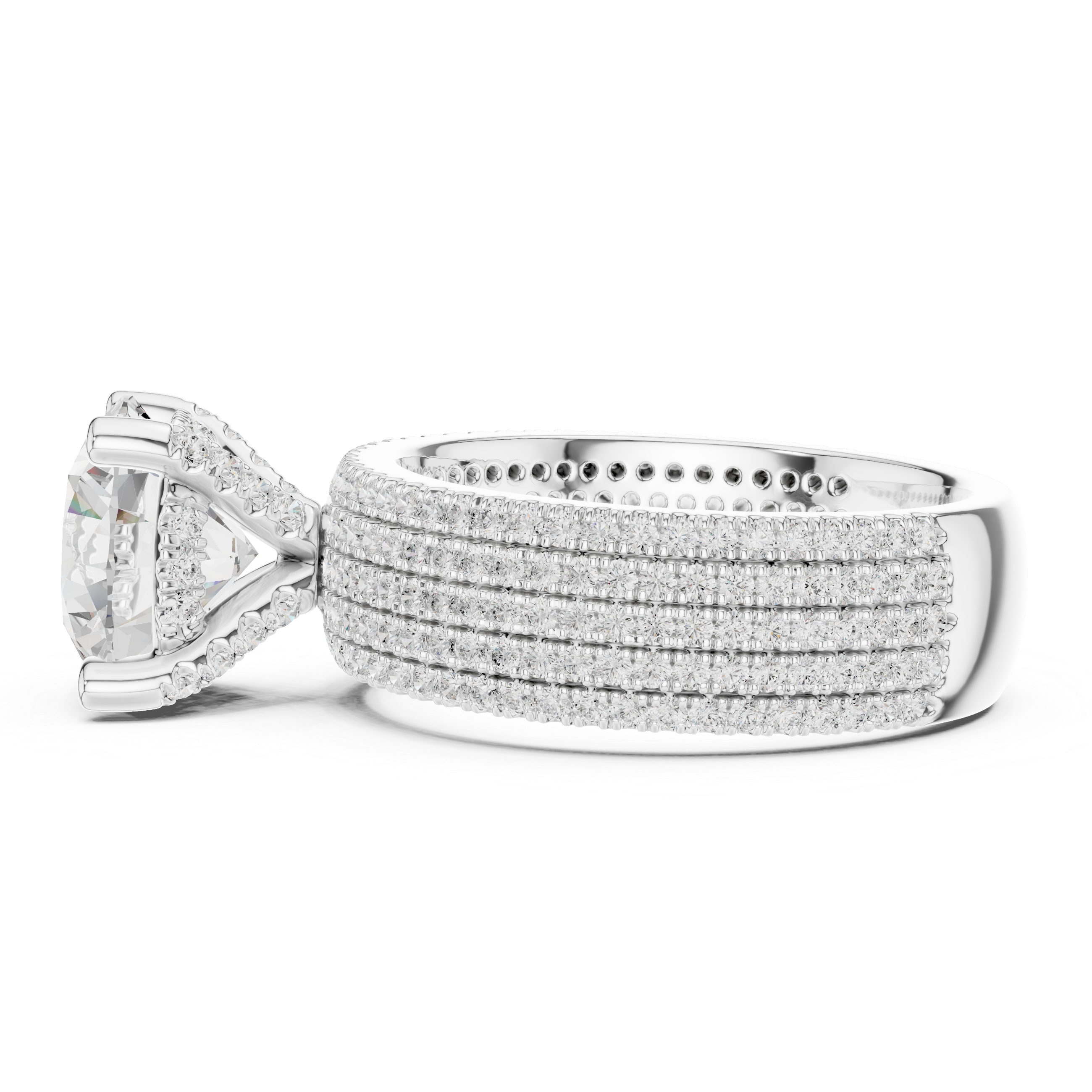 Round Brilliant Solitaire Engagement Ring with Five-Row Pavé Diamond Band