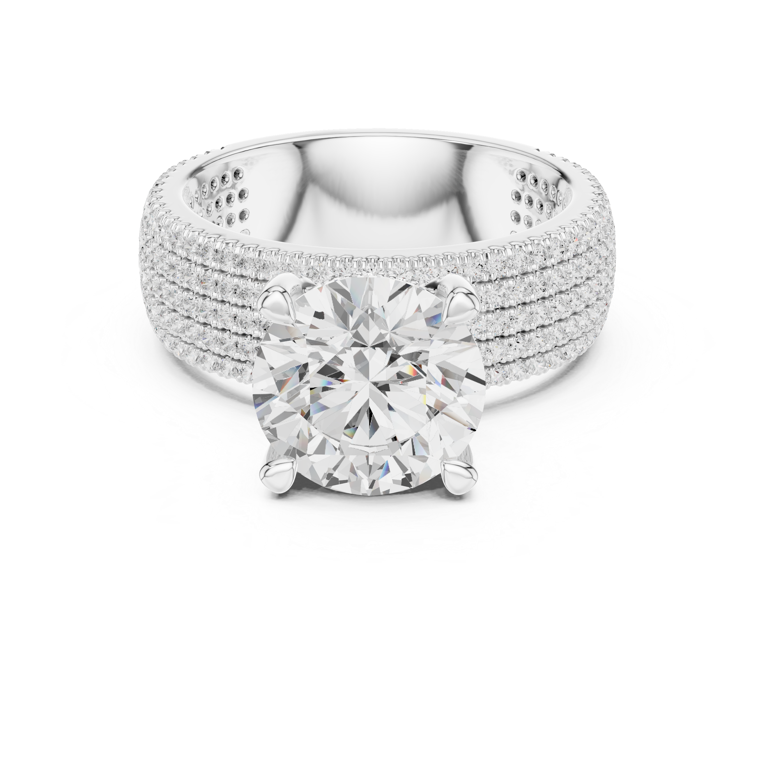 Round Brilliant Solitaire Engagement Ring with Five-Row Pavé Diamond Band