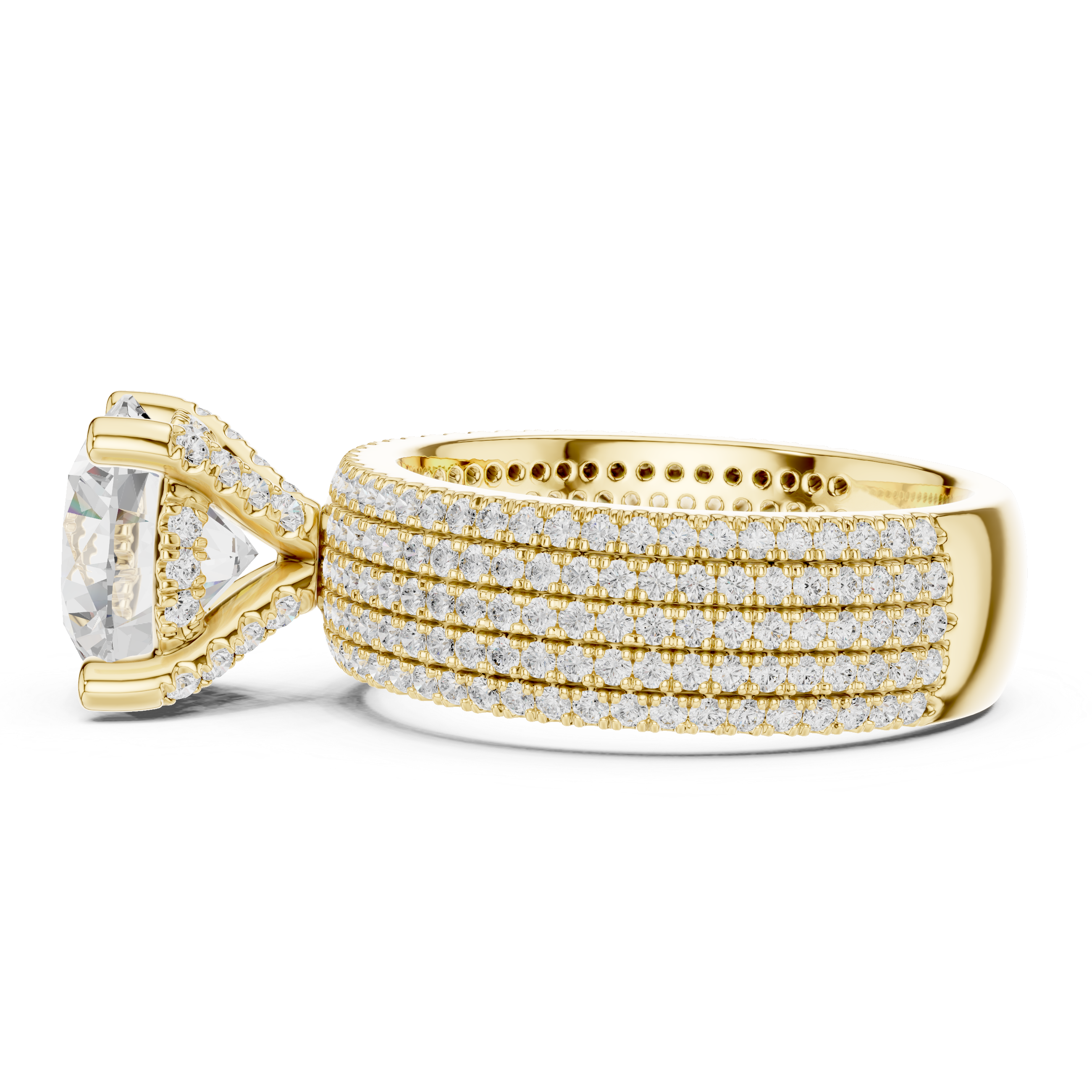 Round Brilliant Solitaire Engagement Ring with Five-Row Pavé Diamond Band