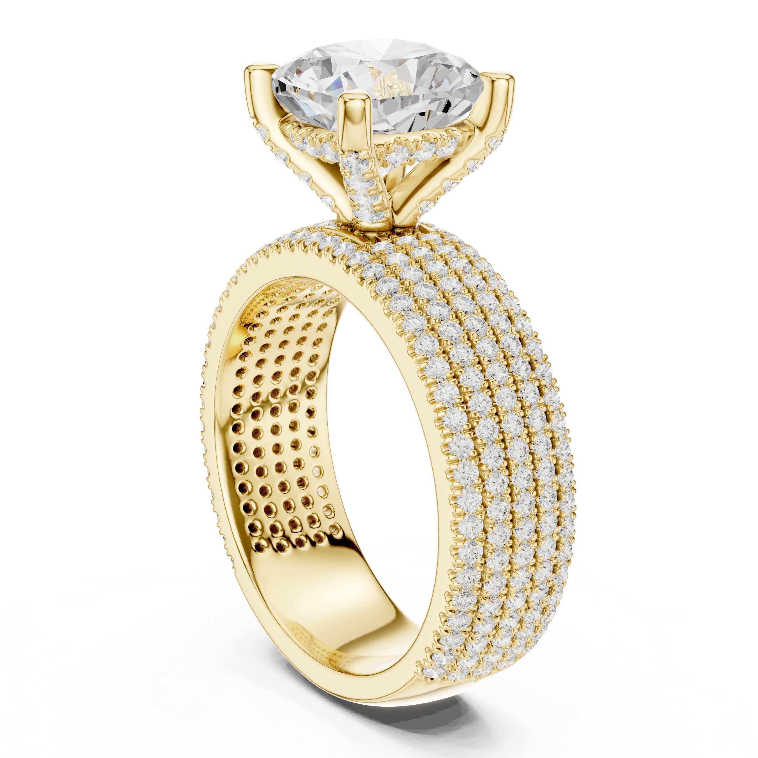 Luxury Cushion Cut Engagement Ring with Five-Row Pavé Diamond Band
