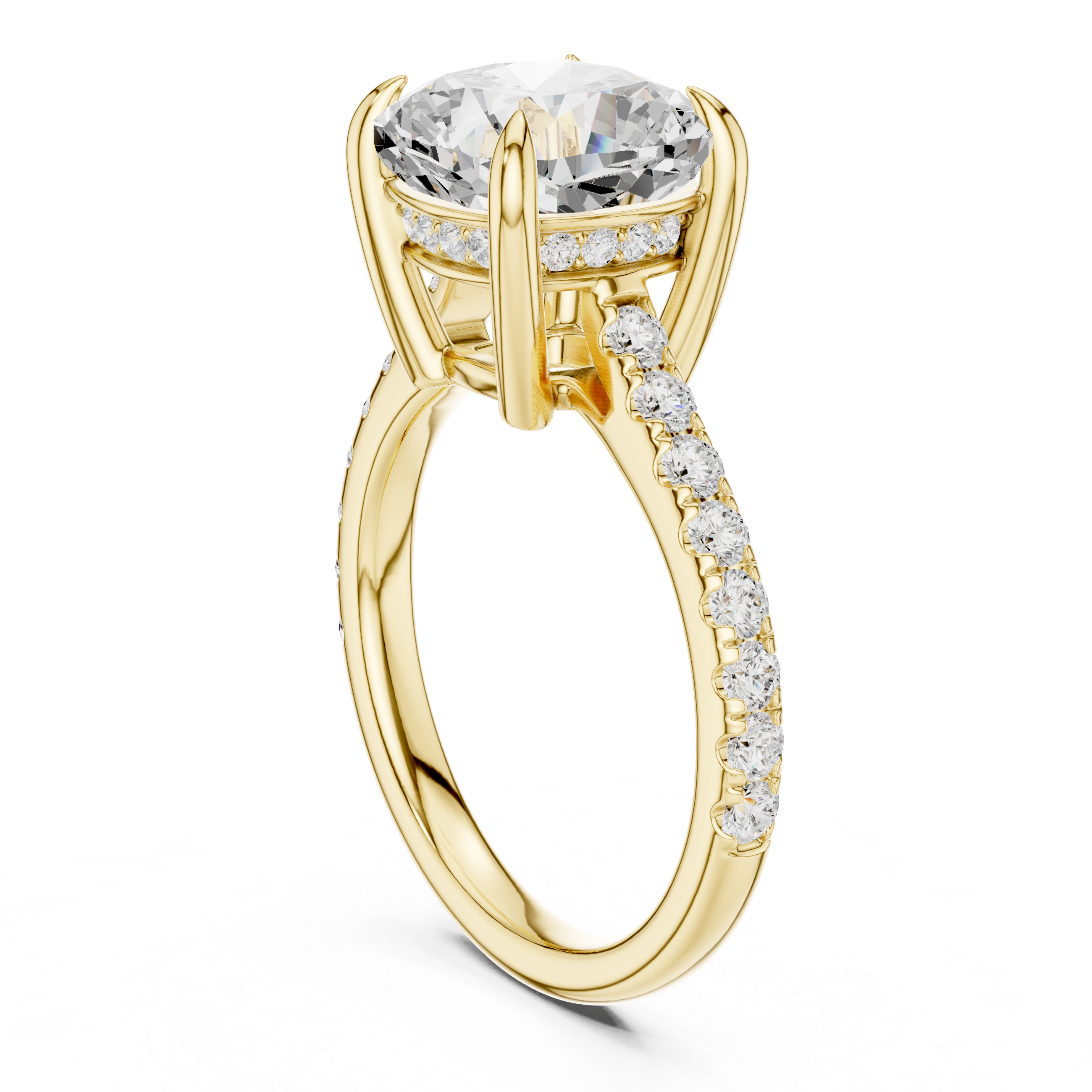 Cushion Cut Hidden Halo Engagement Ring with Pavé Diamond Band
