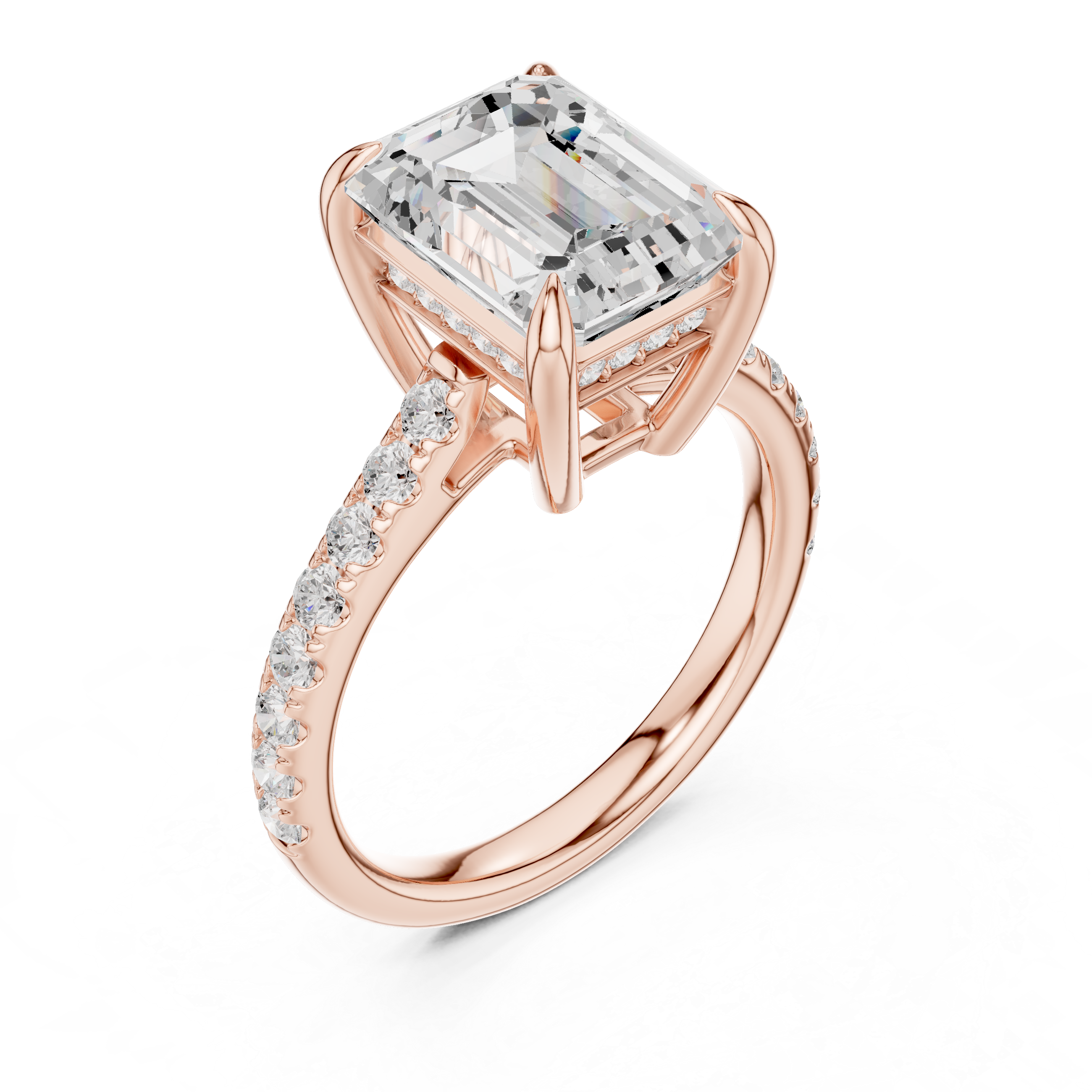 Emerald Cut Hidden Halo Engagement Ring with Pavé Diamond Band