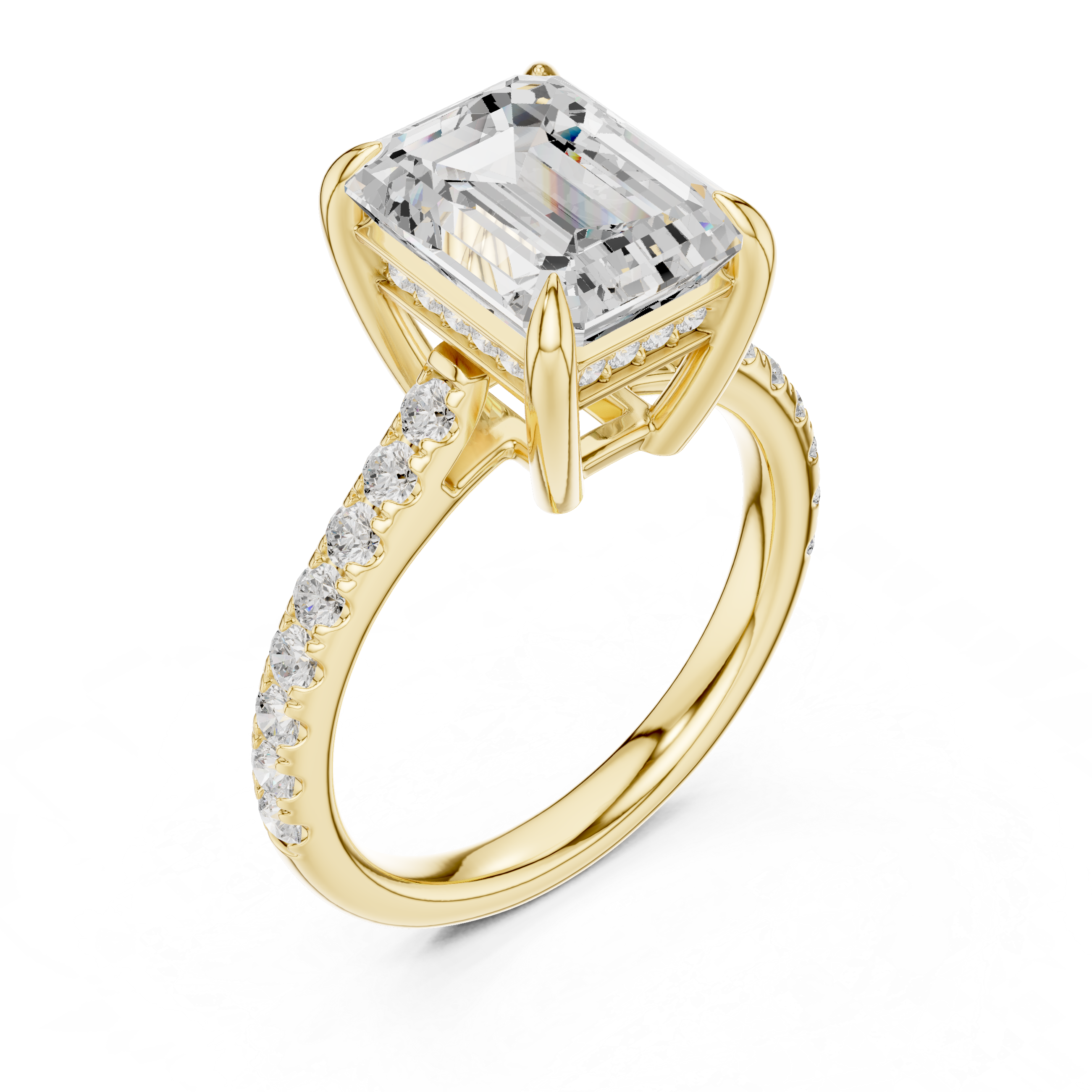 Emerald Cut Hidden Halo Engagement Ring with Pavé Diamond Band