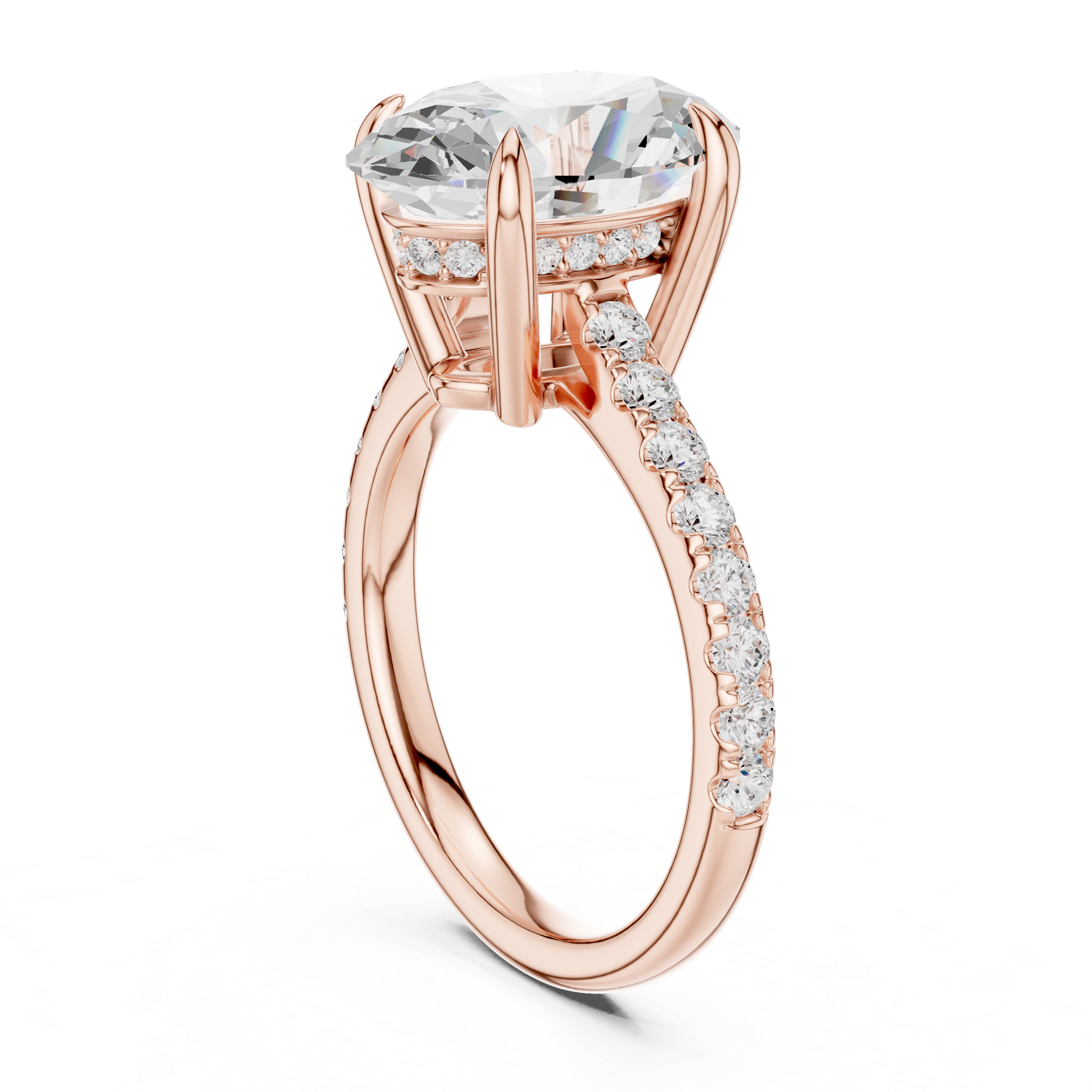 Oval Cut Solitaire Engagement Ring with Hidden Halo and Pavé Diamond Band