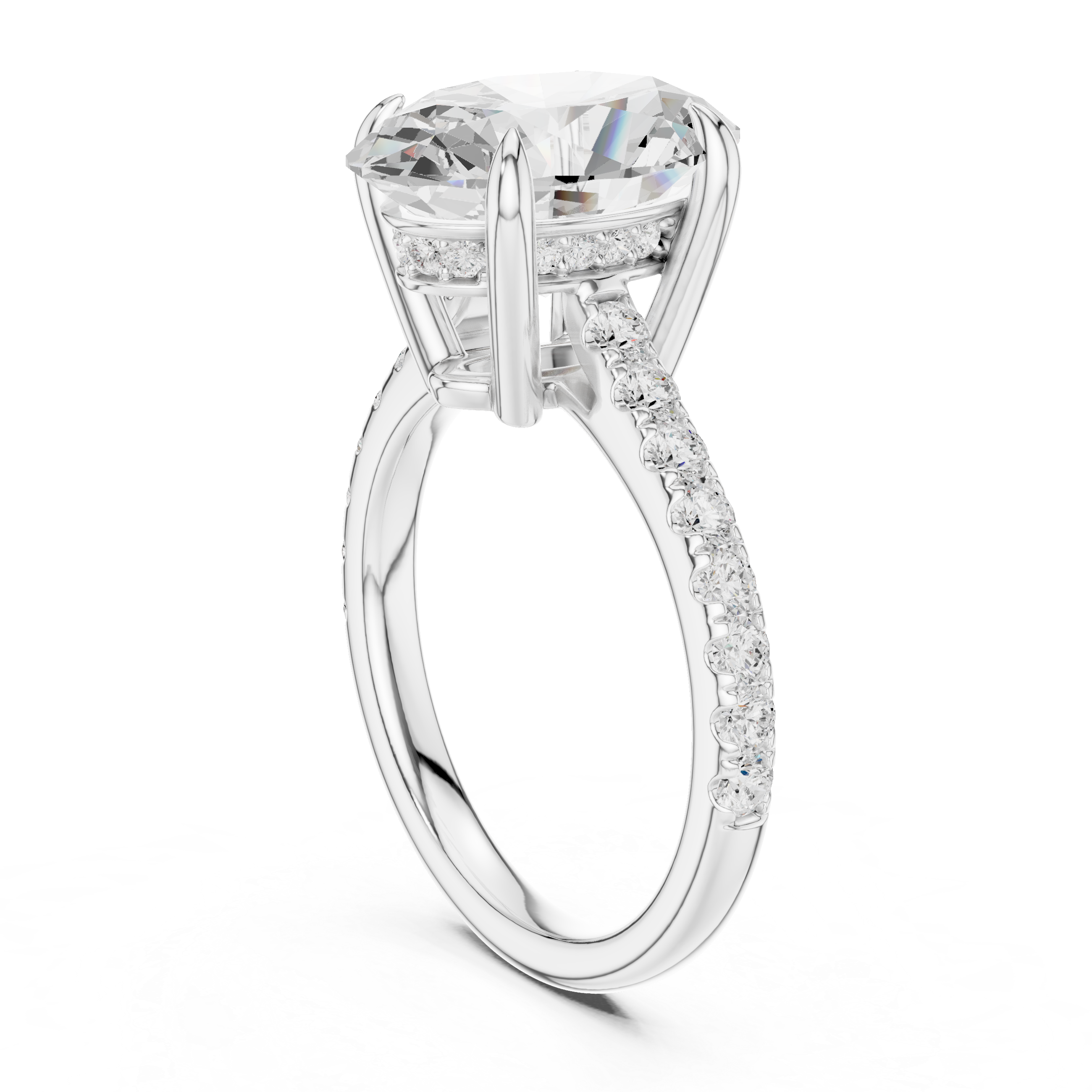 Oval Cut Solitaire Engagement Ring with Hidden Halo and Pavé Diamond Band